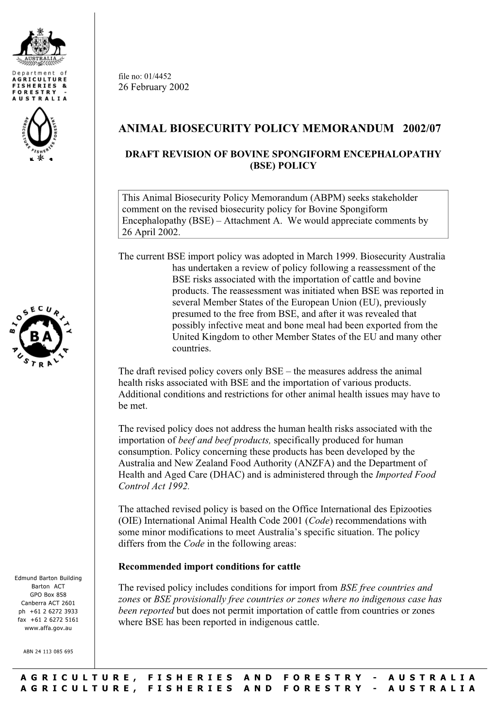 Animal Biosecurity Policy Memorandum 2002/07