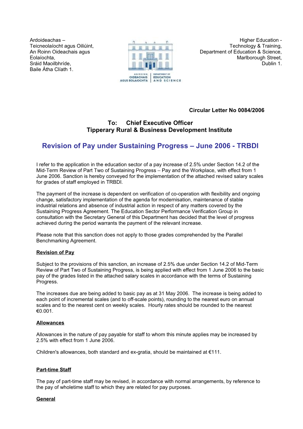 Circular 0084/2006 - Revision of Pay Under Sustaining Progress - June 2006 - Tipperary