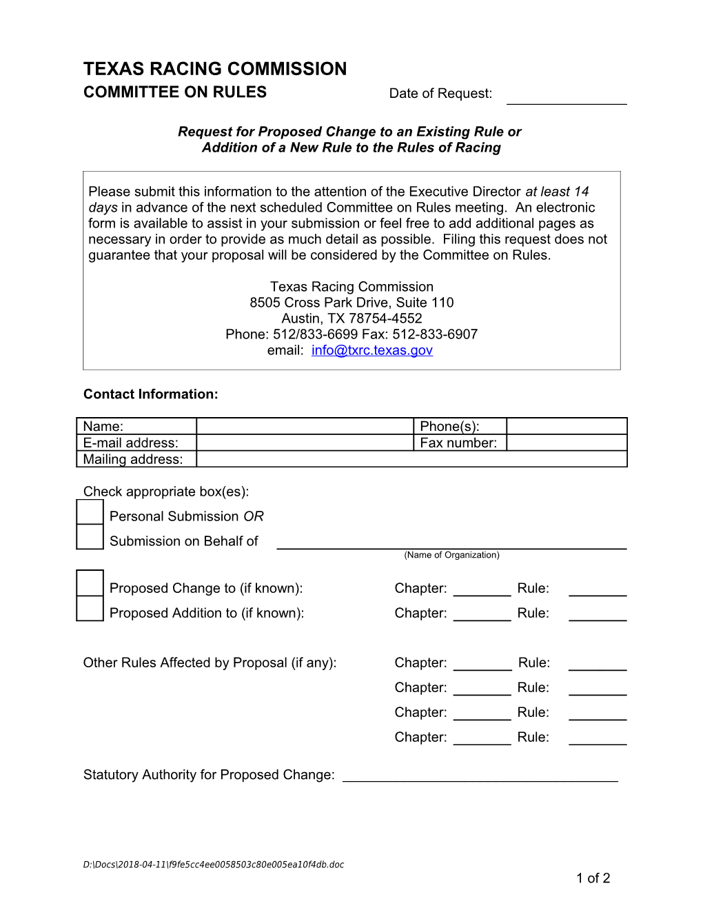 Model Rule Proposal Form for Industry Representatives