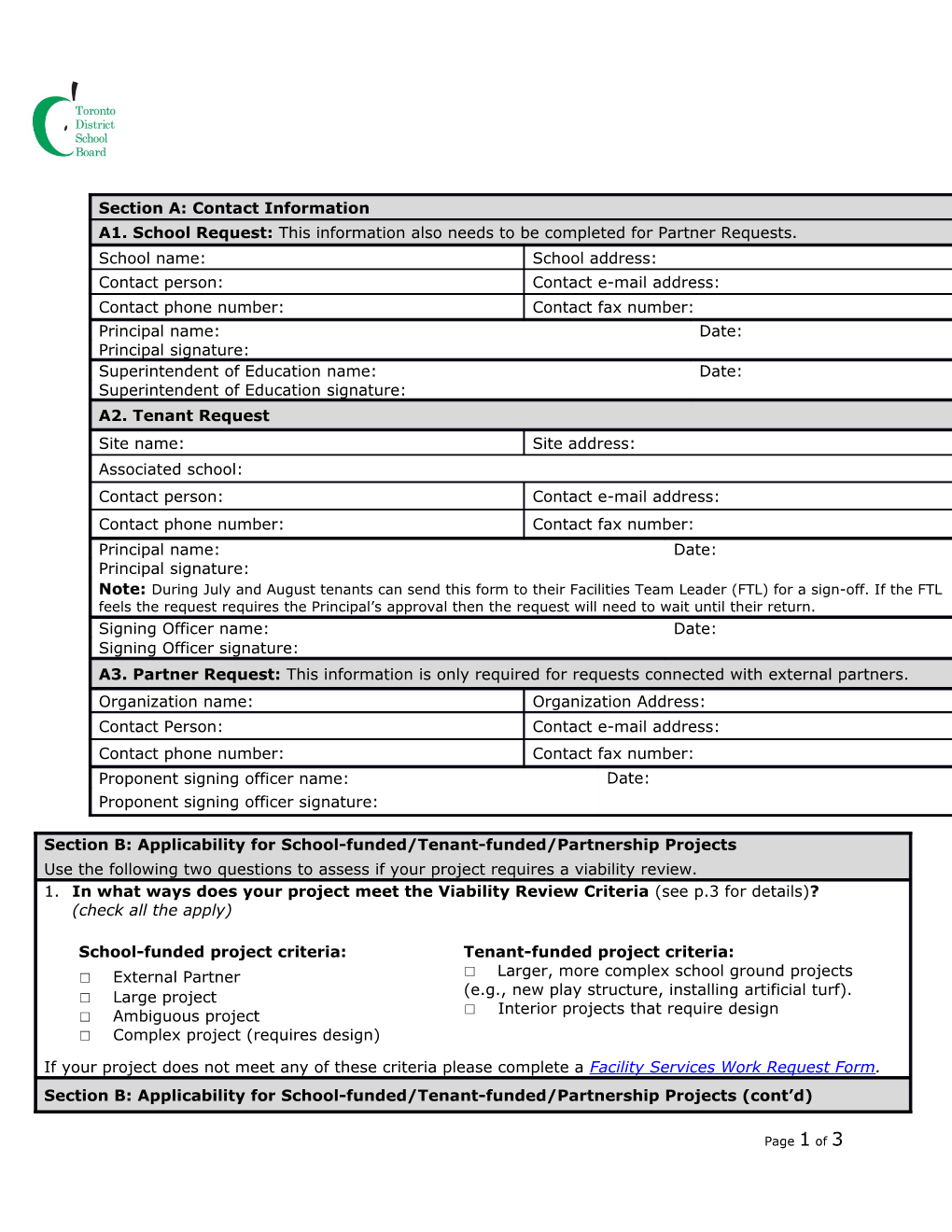 School-Funded/Tenant-Funded Project Criteria