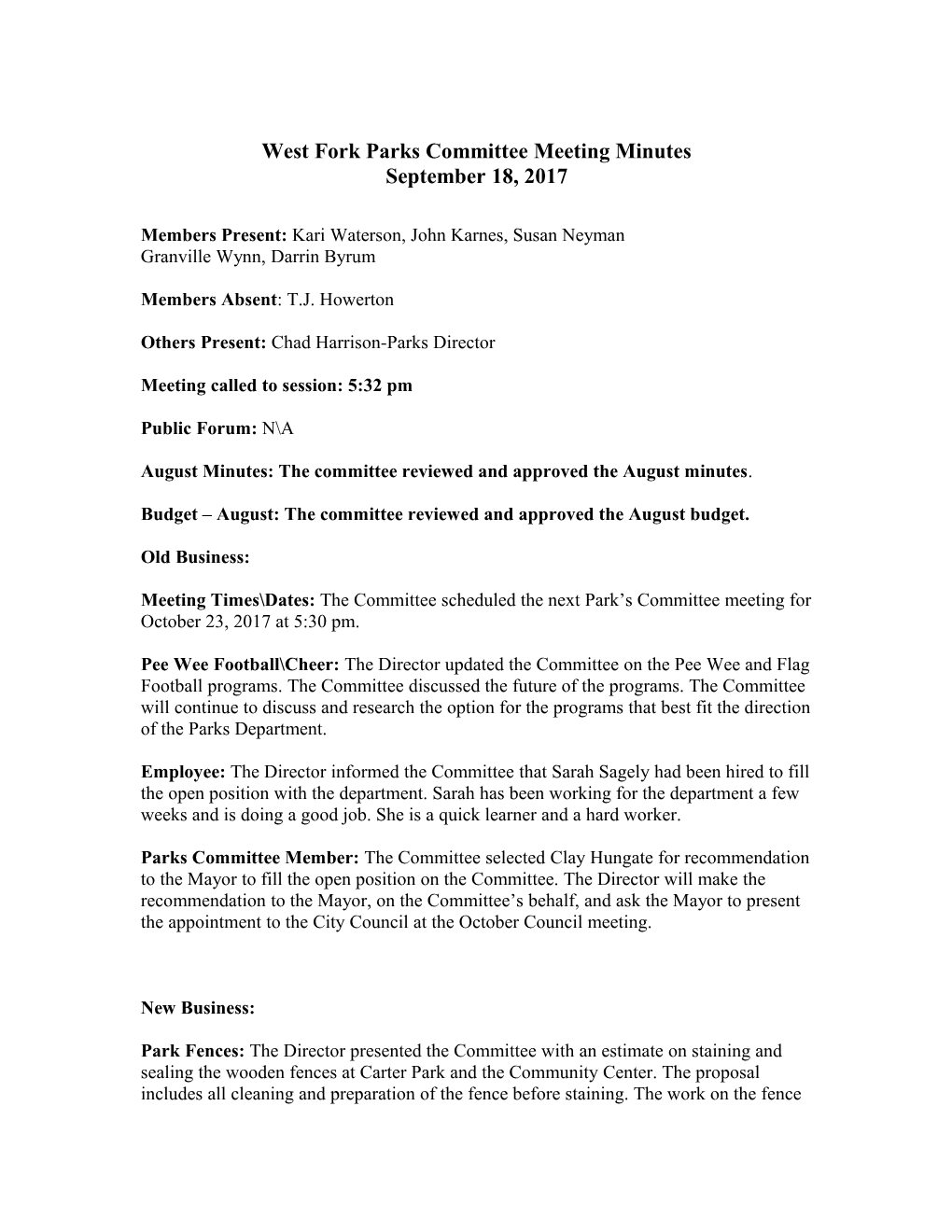 West Fork Parks Committee Meeting Minutes