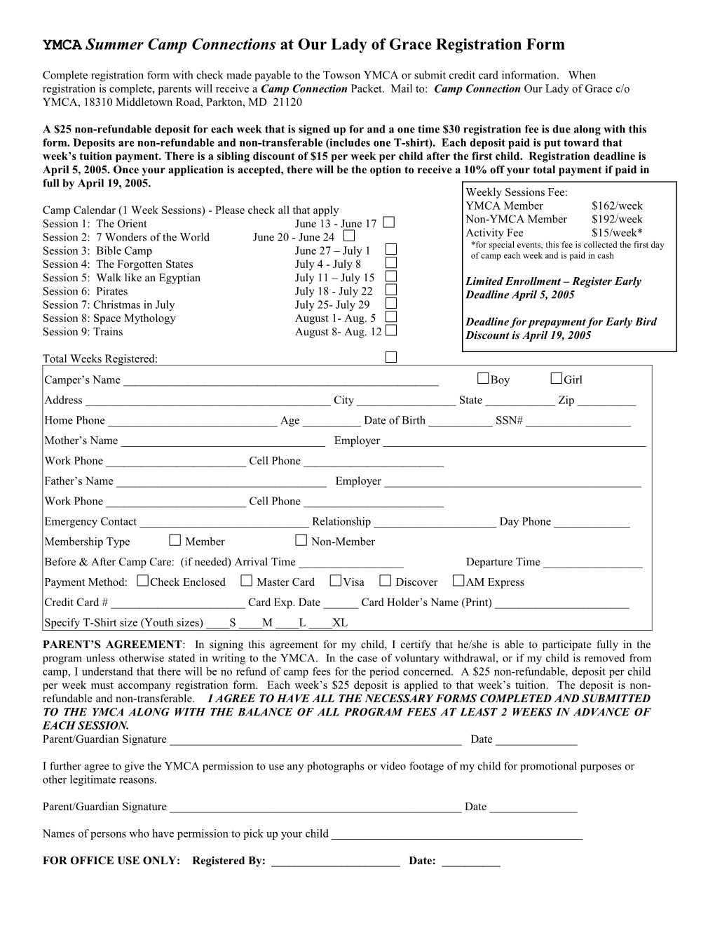 YMCA Summer Camp Connections at Our Lady of Grace Registration Form