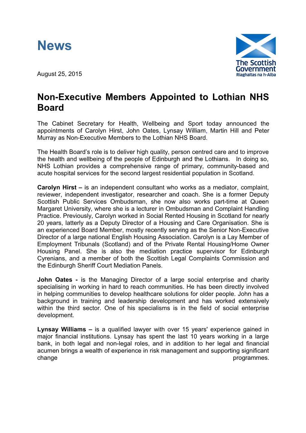 Non-Executive Members Appointed to Lothian NHS Board