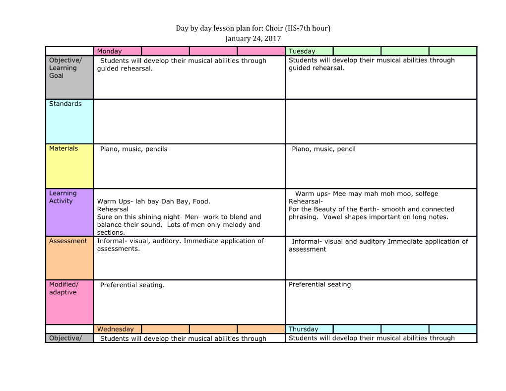 Day by Day Lesson Plan For: Choir (HS-7Th Hour)