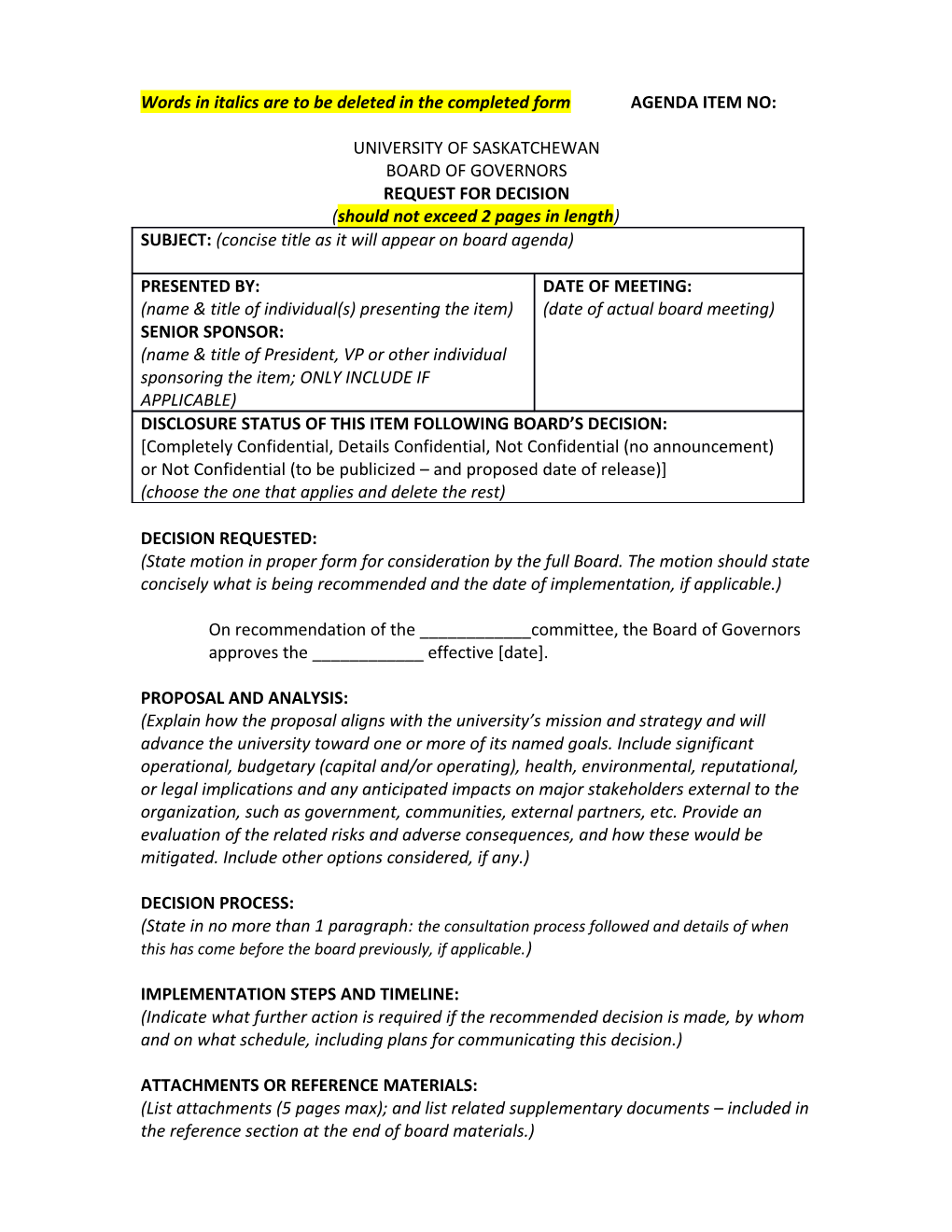 Format to Be Used for All Board Decision Items