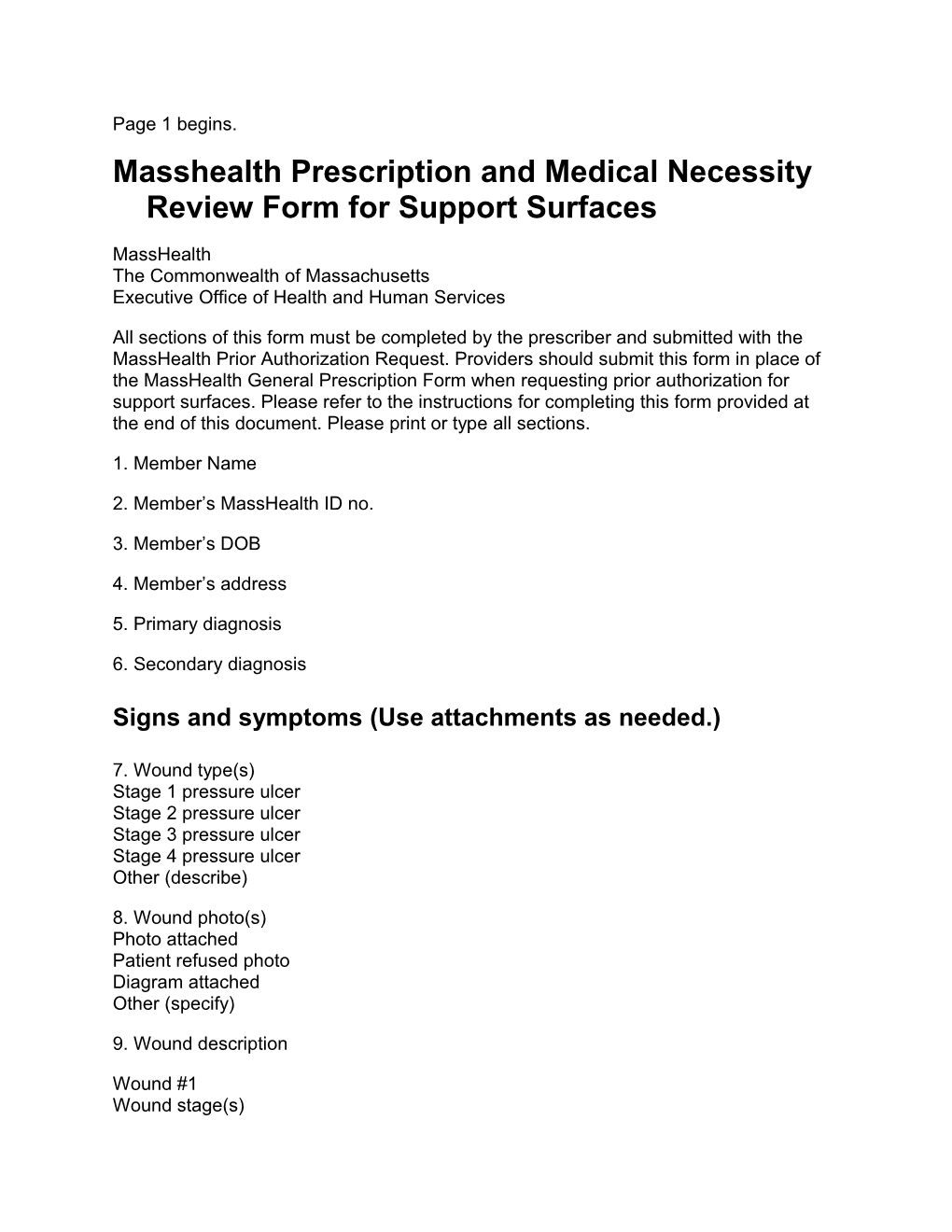 Masshealth Prescription and Medical Necessity Review Form for Support Surfaces