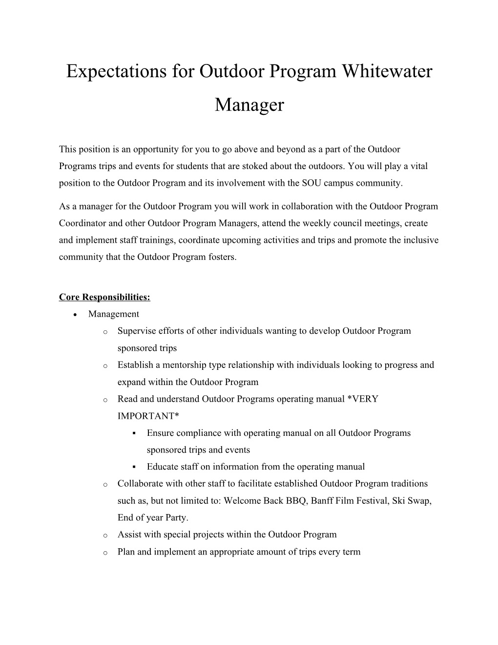 Expectations for Outdoor Program Whitewater Manager