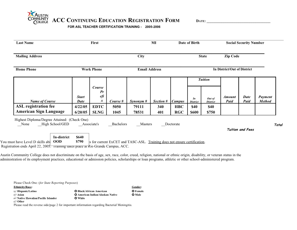 Acc Continuing Education Registration Form Date: ______