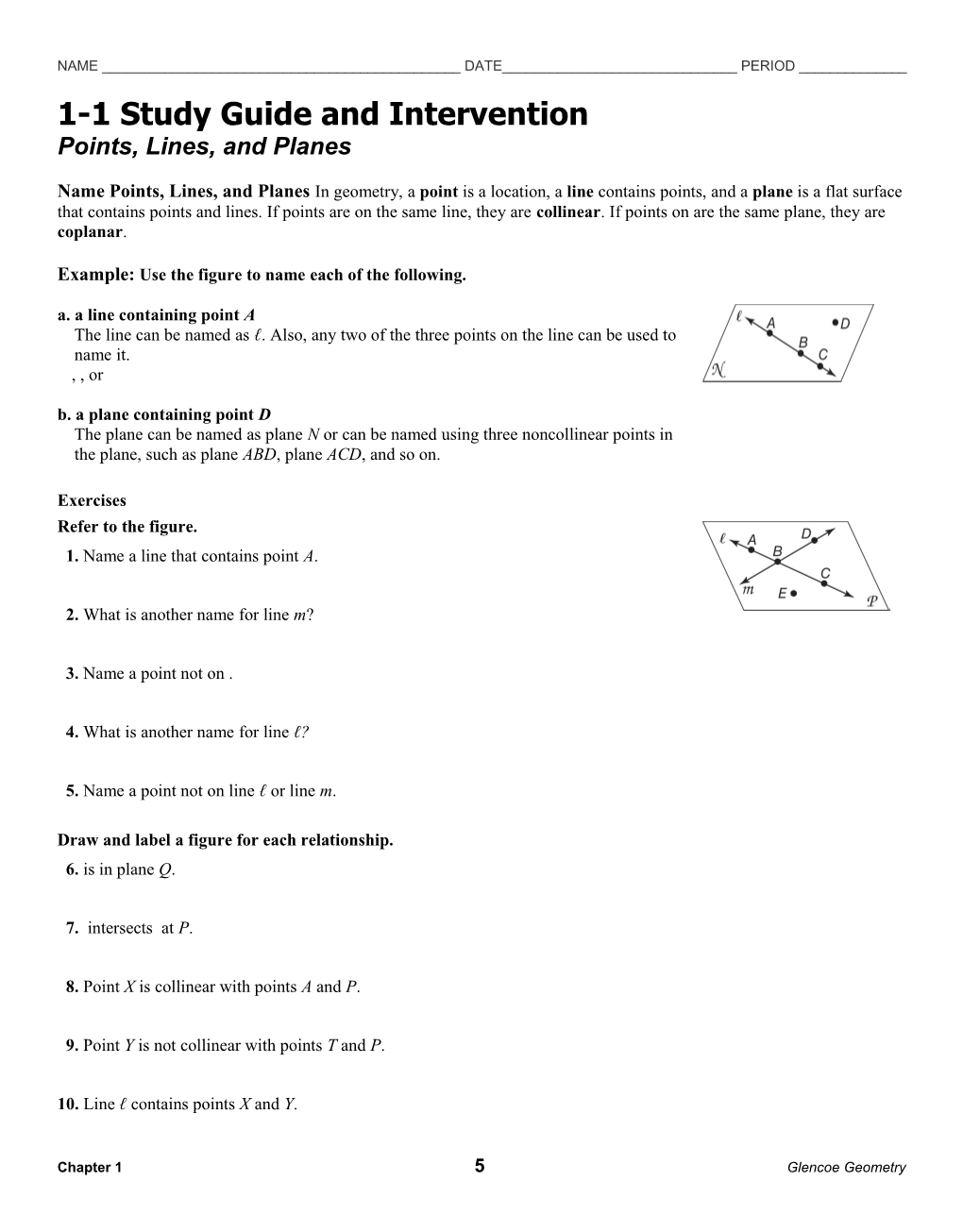 1-1 Study Guide and Intervention