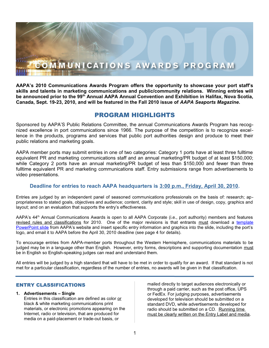 AAPA S 2010 Communications Awards Program Offers the Opportunity to Showcase Your Port