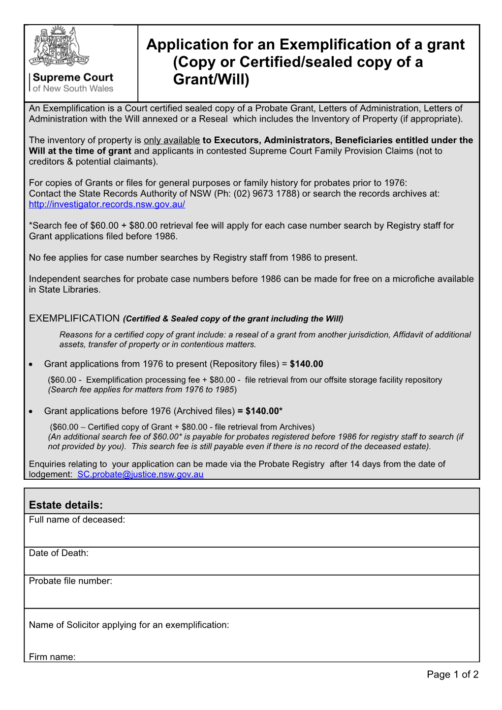 Application for an Exemplification of a Grant (Copy Or Certified/Sealed Copy of a Grant/Will)