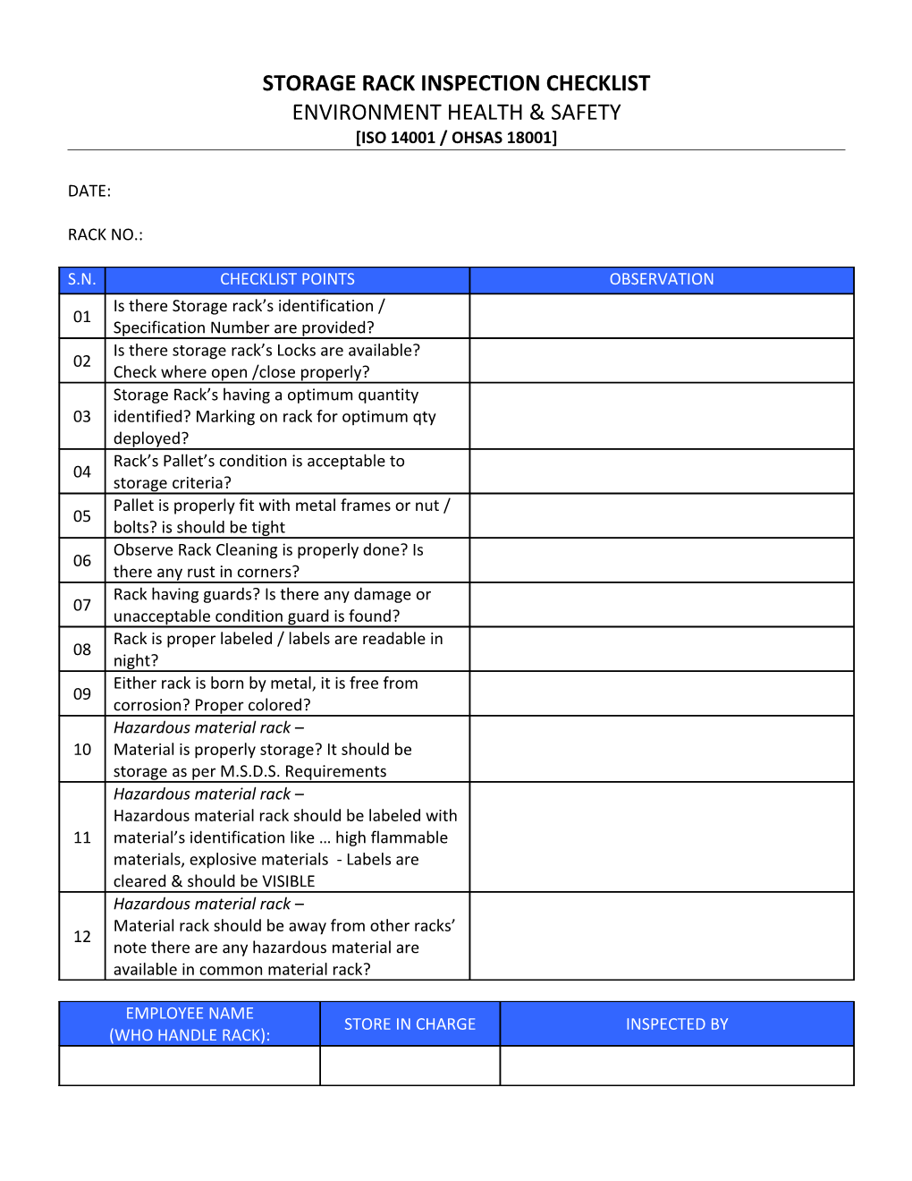 Storage Rack Inspection Checklist