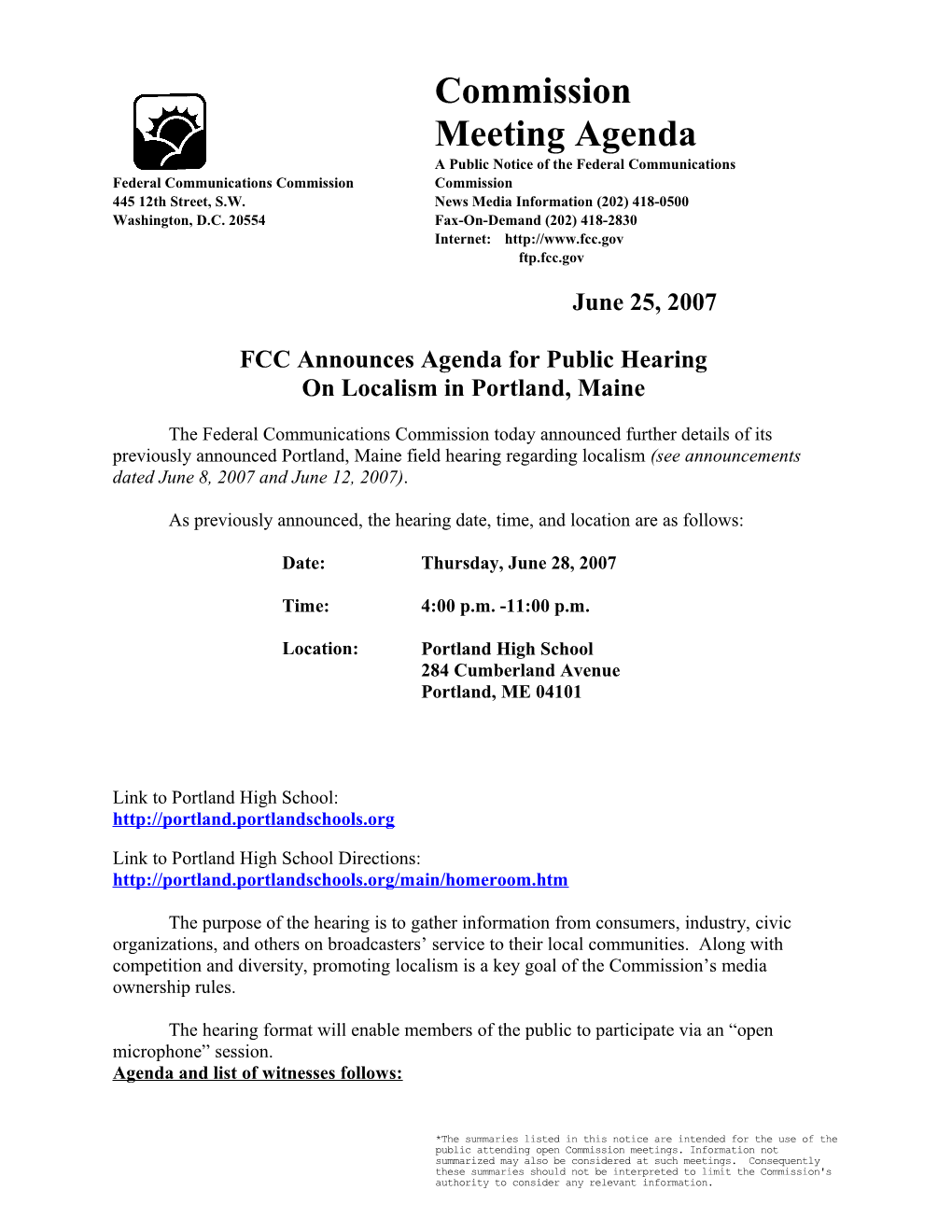 FCC Announces Agenda for Public Hearing s1
