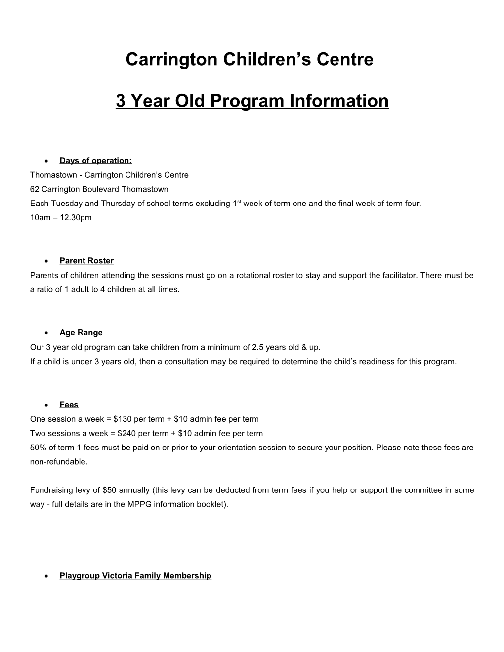 3 Year Old Program Information
