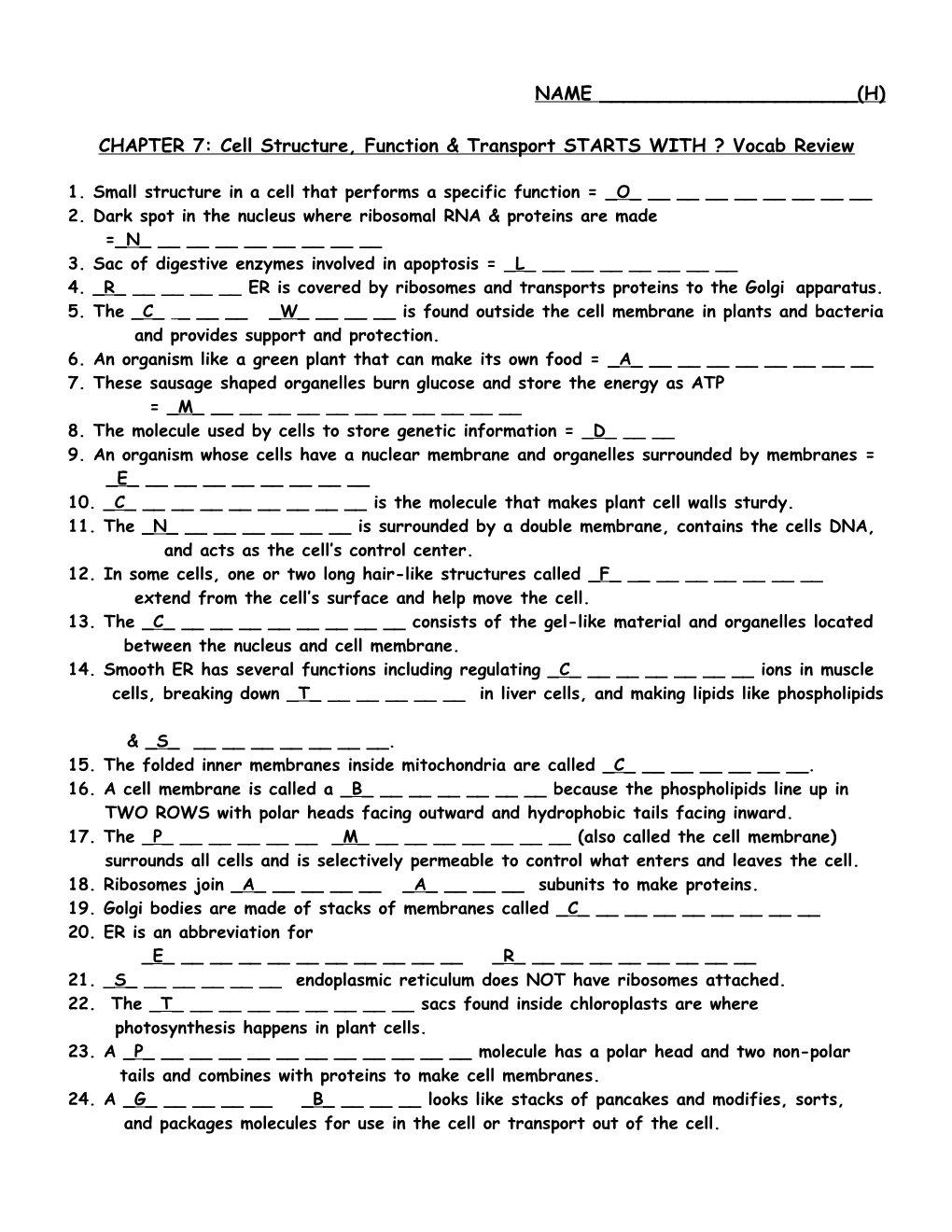 CHAPTER 4: Cell Structure And Function Review Crossword