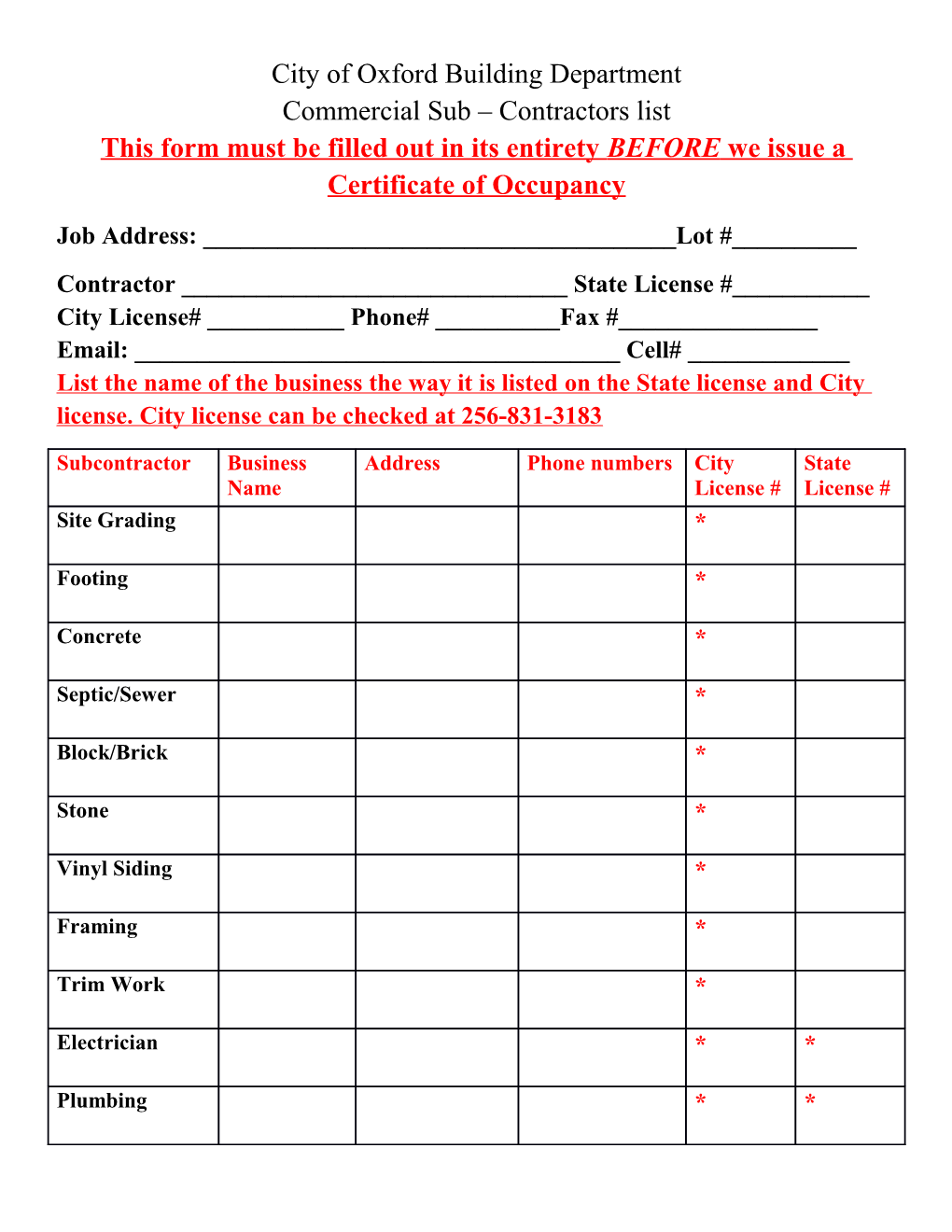 City of Oxford Building Department Commercial Sub Contractors List This Form Must Be Filled