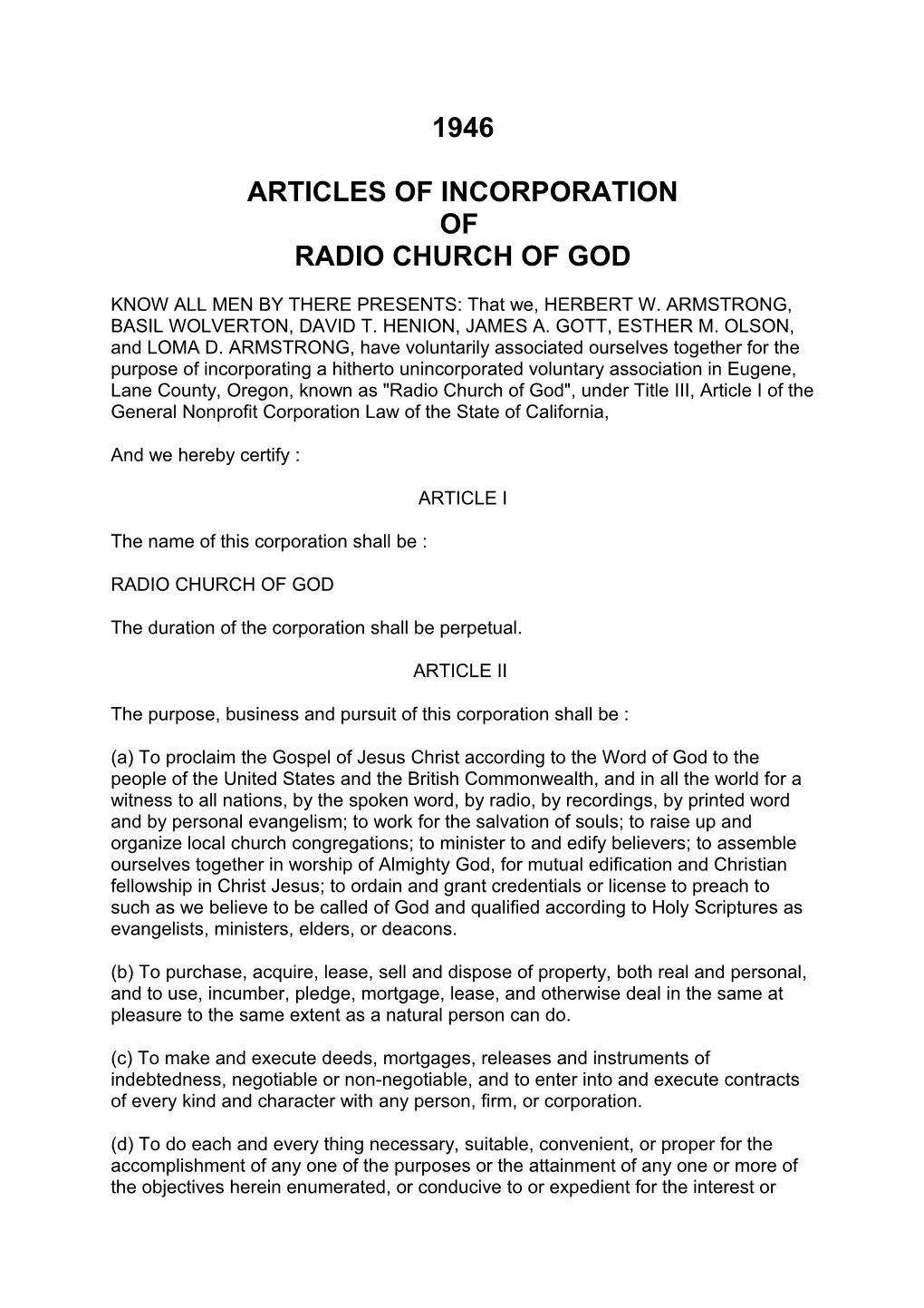 1946 Articles of Incorporation of Radio Church of God