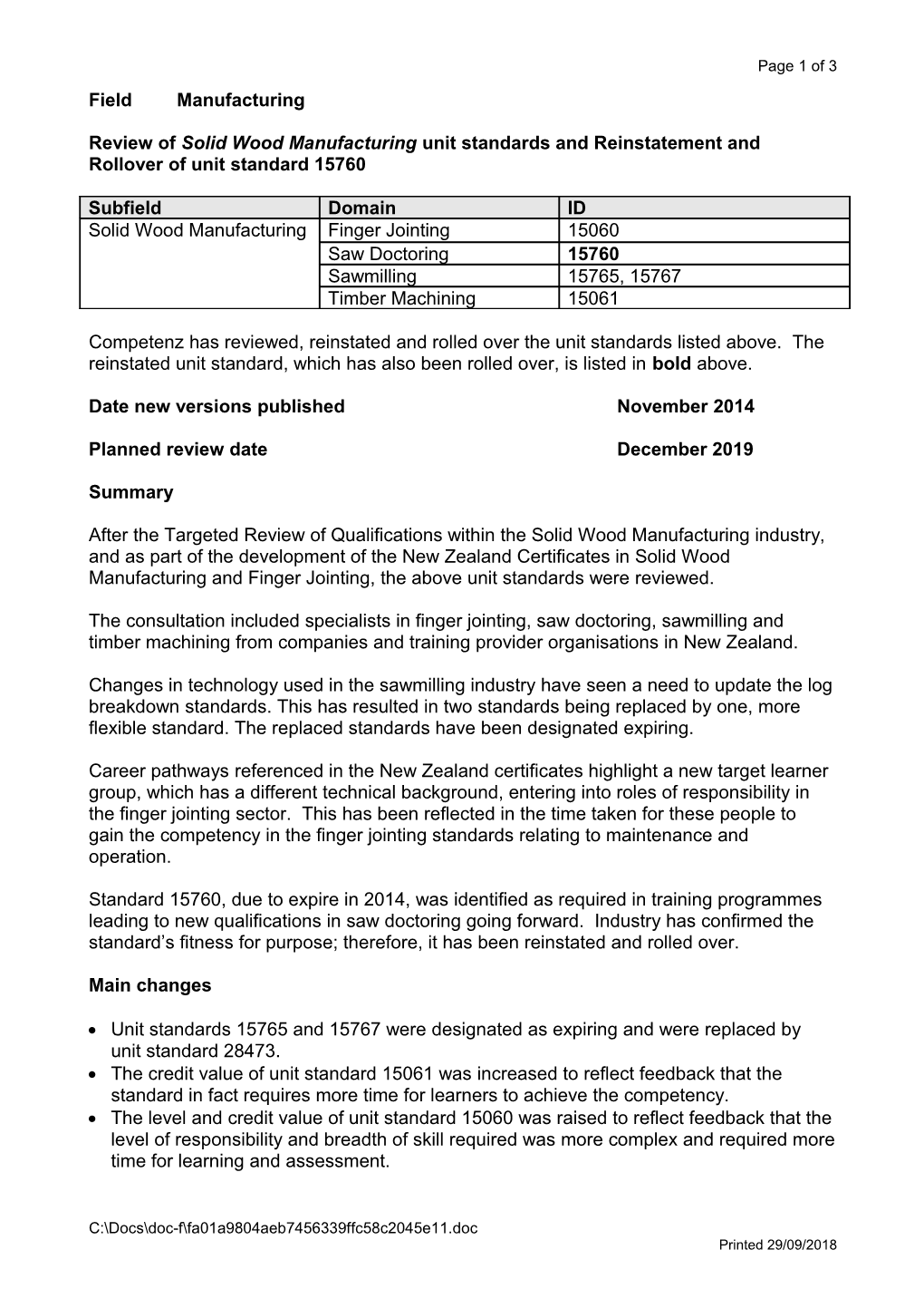 Review of Solid Wood Manufacturing Unit Standards and Reinstatement and Rollover of Unit