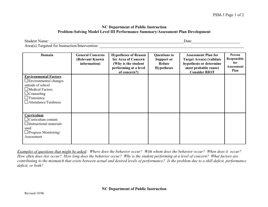 Define The Problem/Develop Assessment Plan