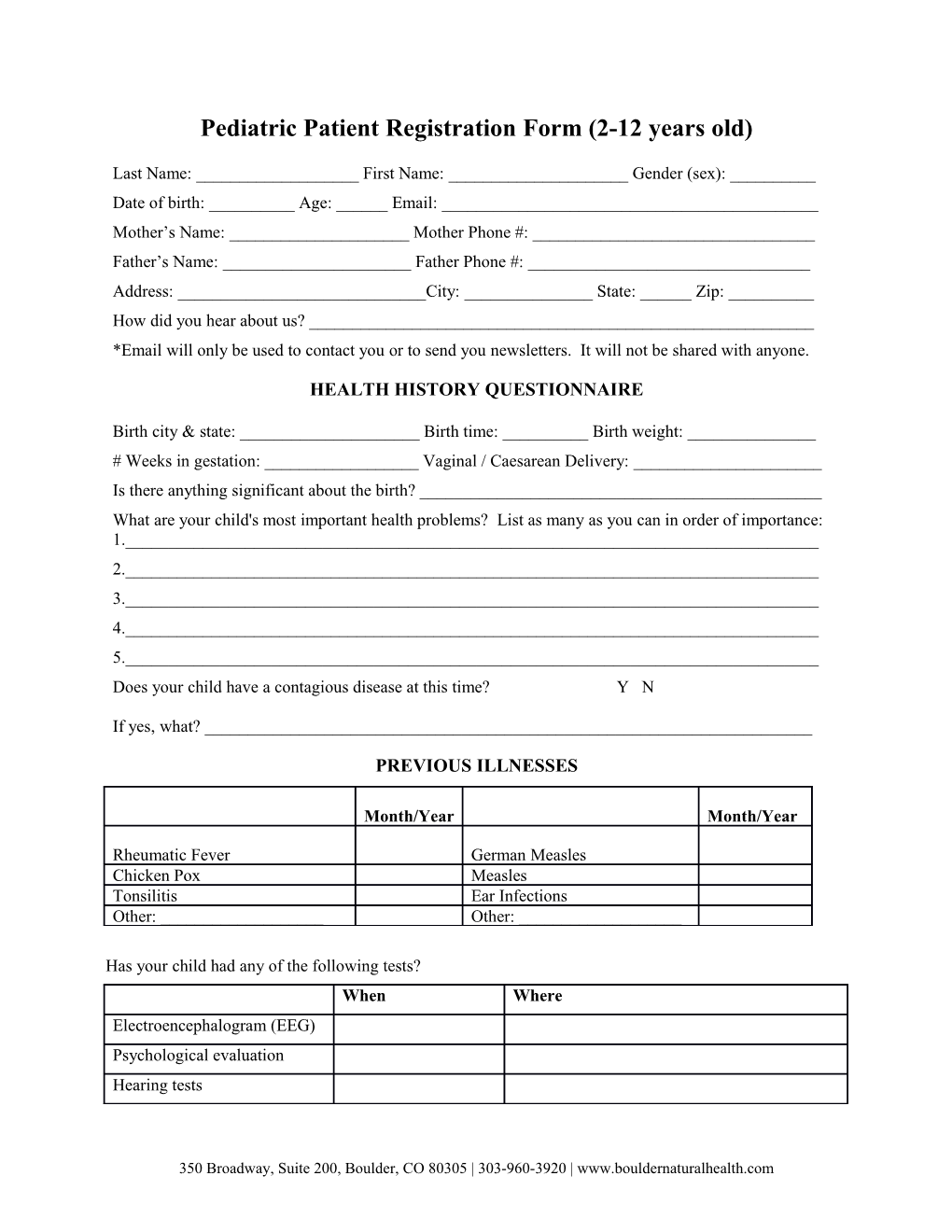 Pediatric Patient Registration Form (2-12 Years Old)