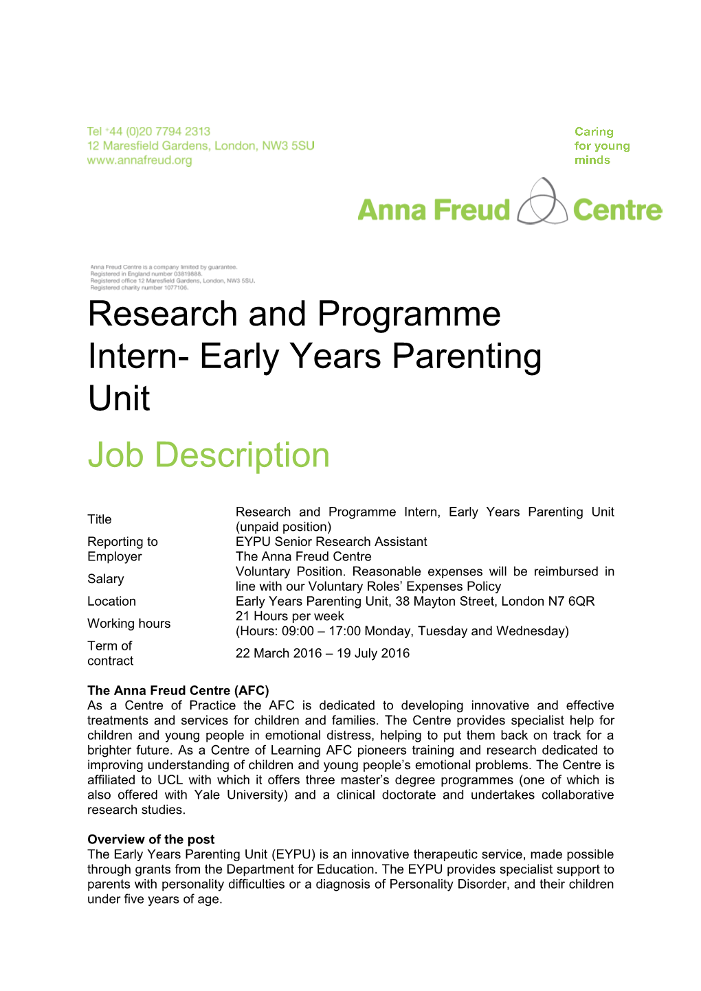 Research and Programme Intern- Early Years Parenting Unit