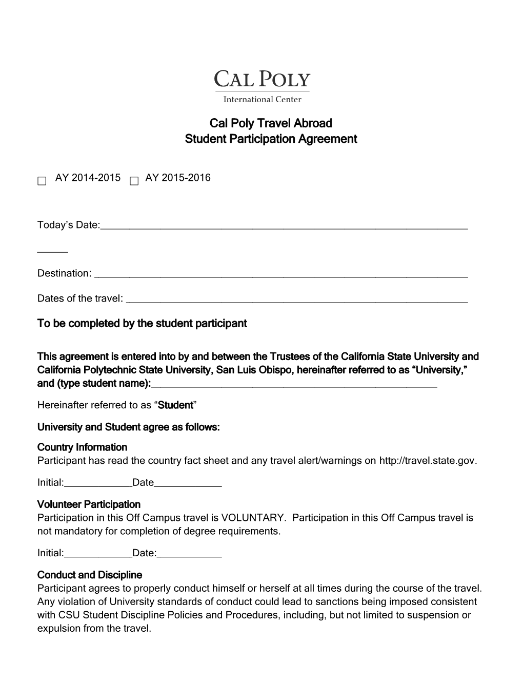 Cal Poly Travel Abroadstudent Participation Agreement