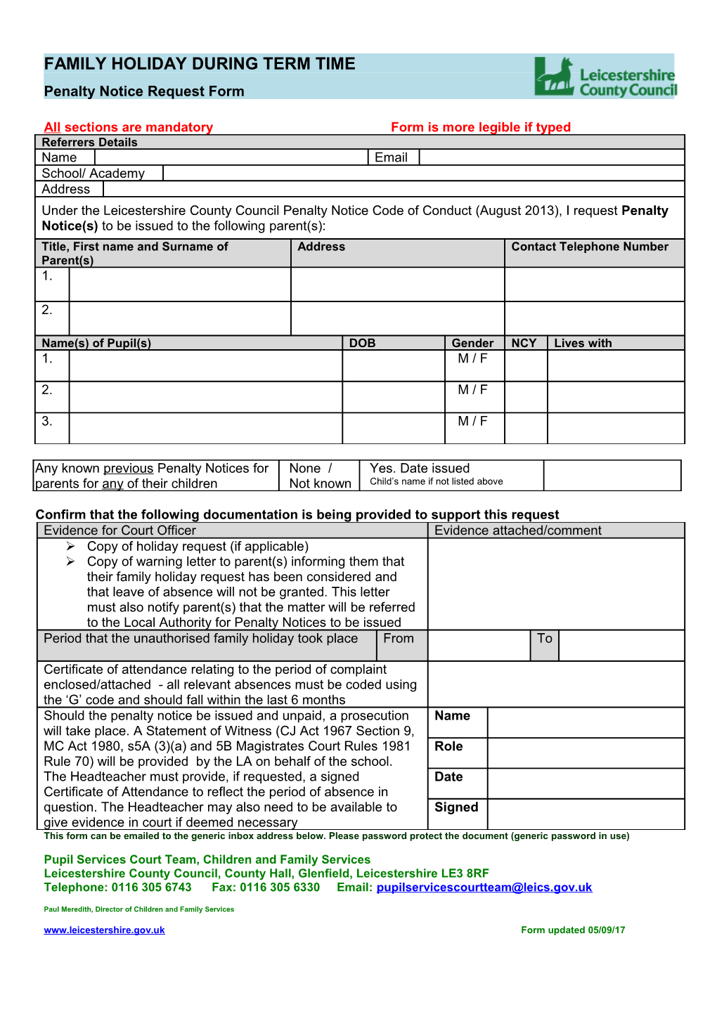 FAMILY HOLIDAY DURING TERM TIME Penalty Notice Request Form