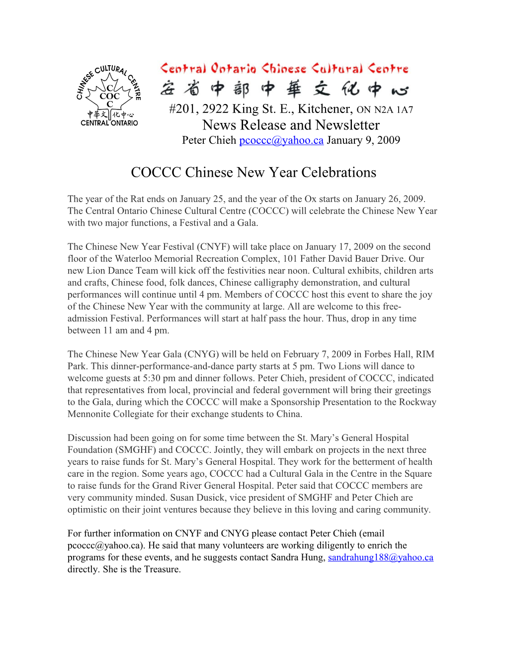 Central Ontario Chinese Cultural Center (COCCC) Notice