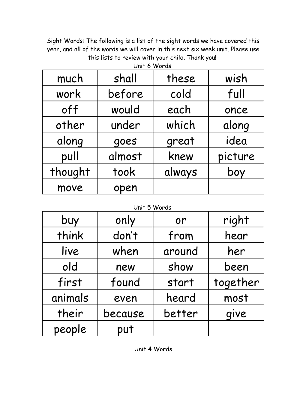 Sight Word List for Unit Two