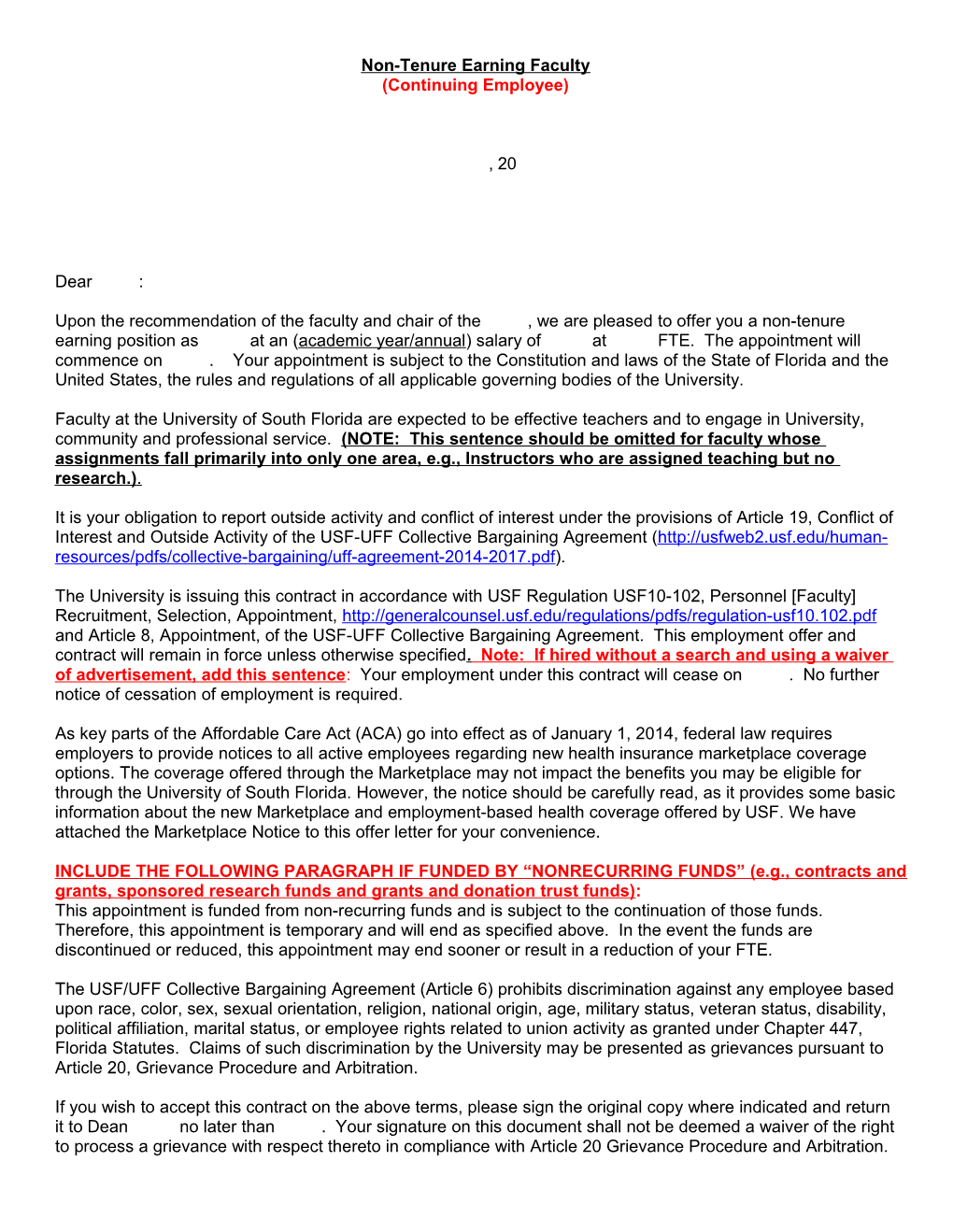 Standard Letter of Offer to Non-Tenure Earning Faculty
