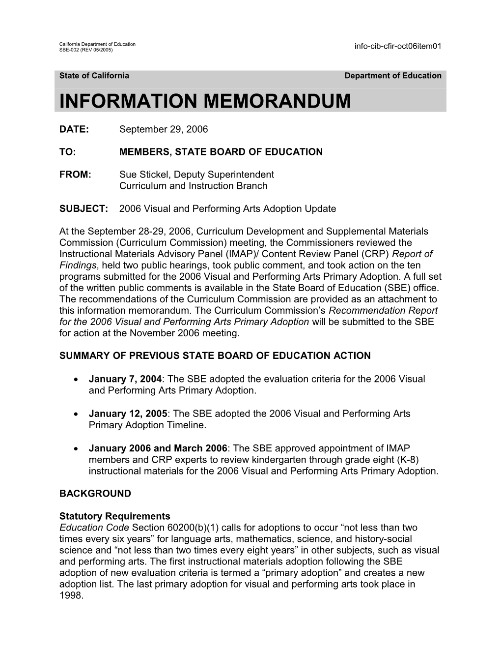 October 2006 CFIR Item 01 - Information Memorandum (CA State Board of Education)