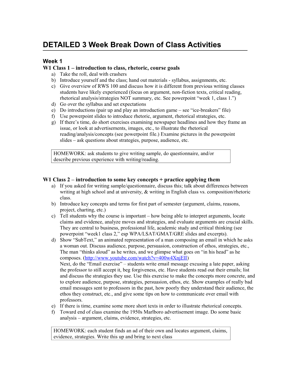 DETAILED 3 Week Break Down of Class Activities