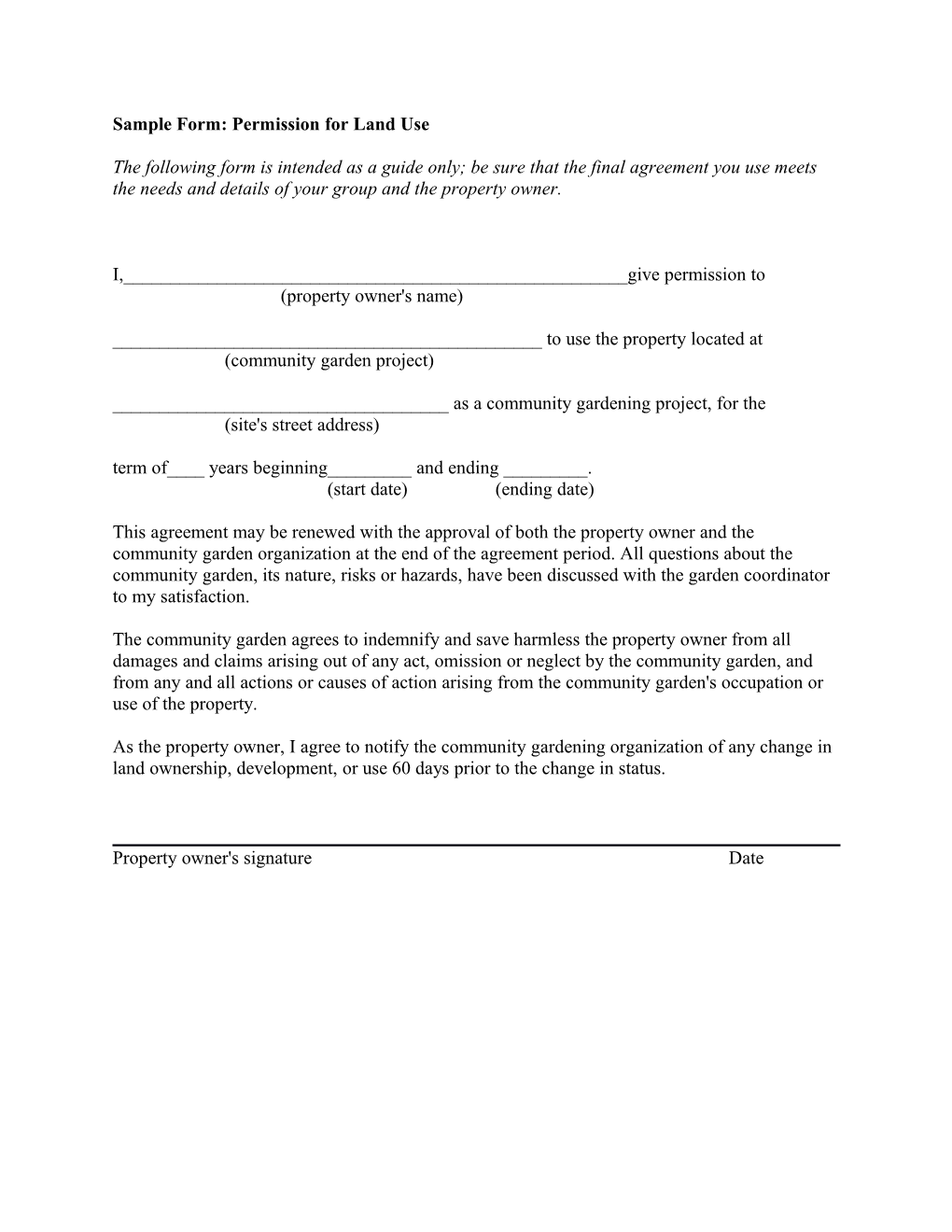 Sample Form: Permission For Land Use