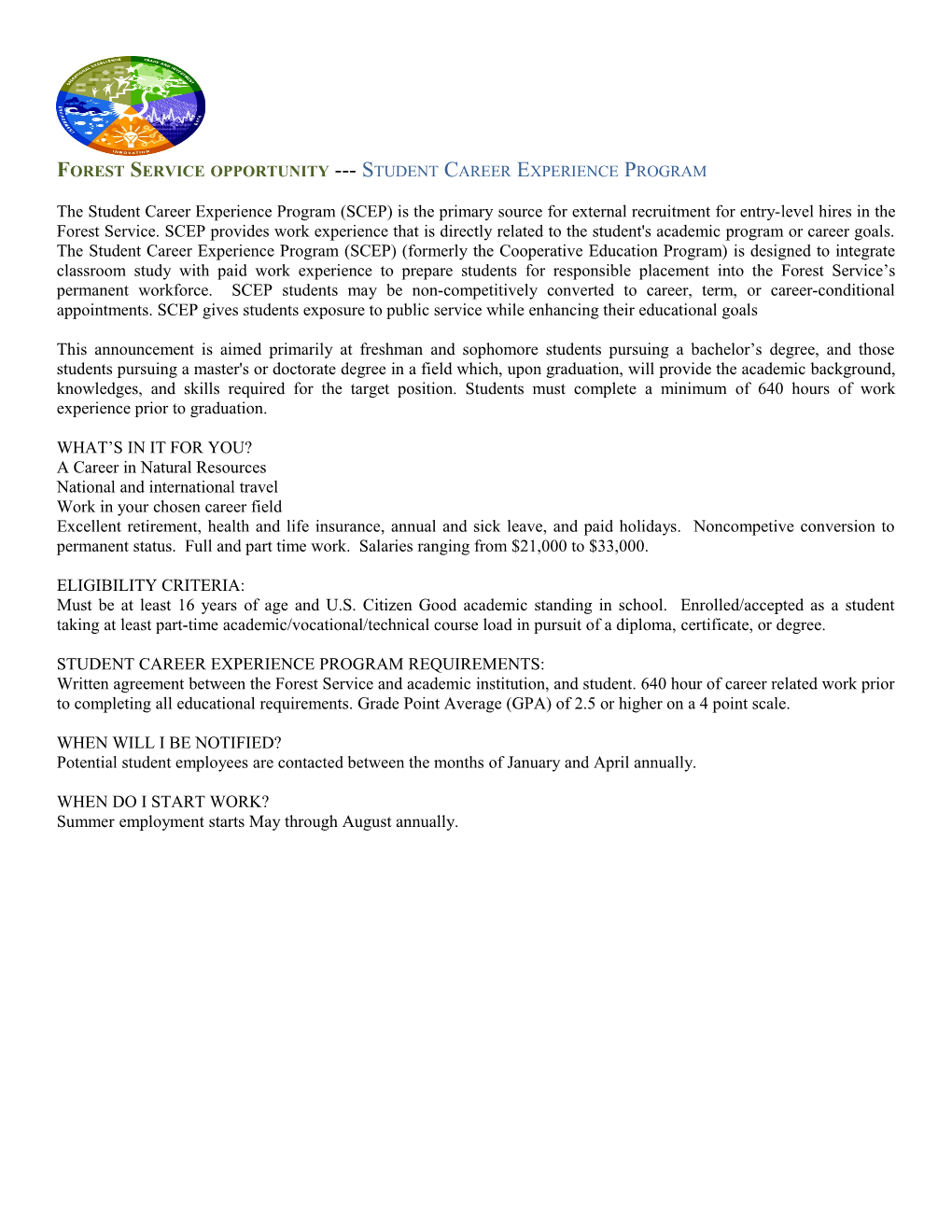 Forest Service Opportunity Student Career Experience Program