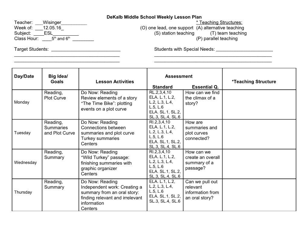 Dekalb Middle School Weekly Lesson Plan s12
