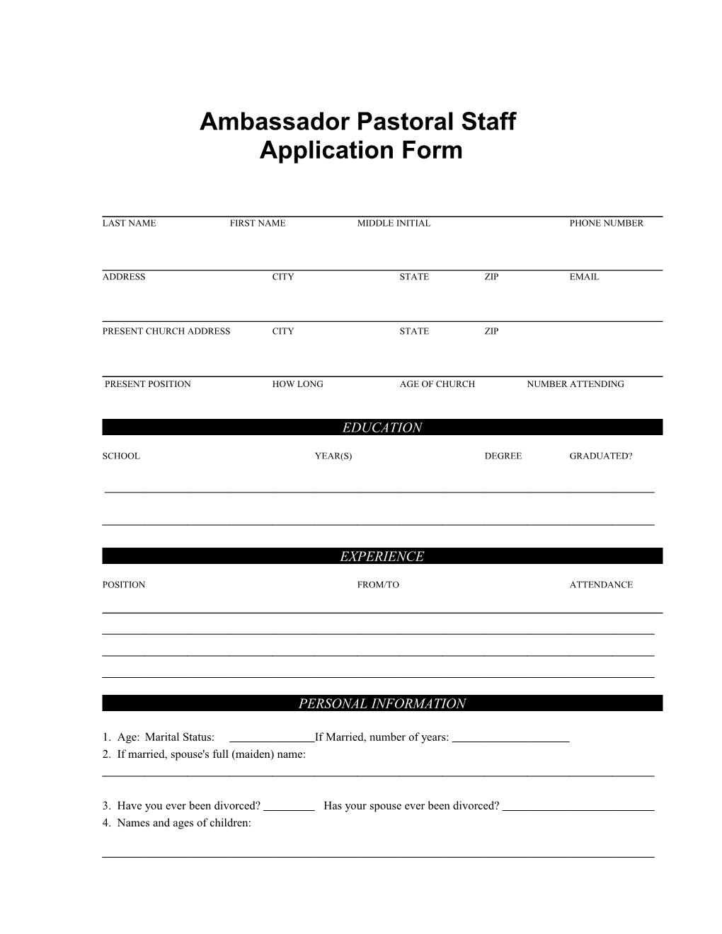 Ambassador Pastoral Staff Application Form