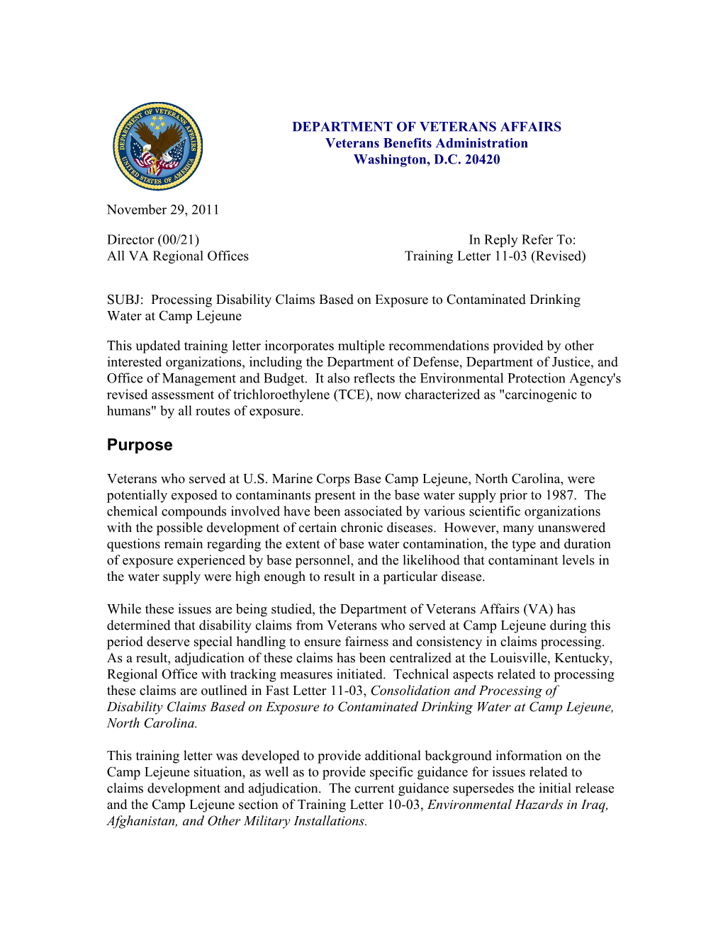 All VA Regional Offices Training Letter 11-03 (Revised)
