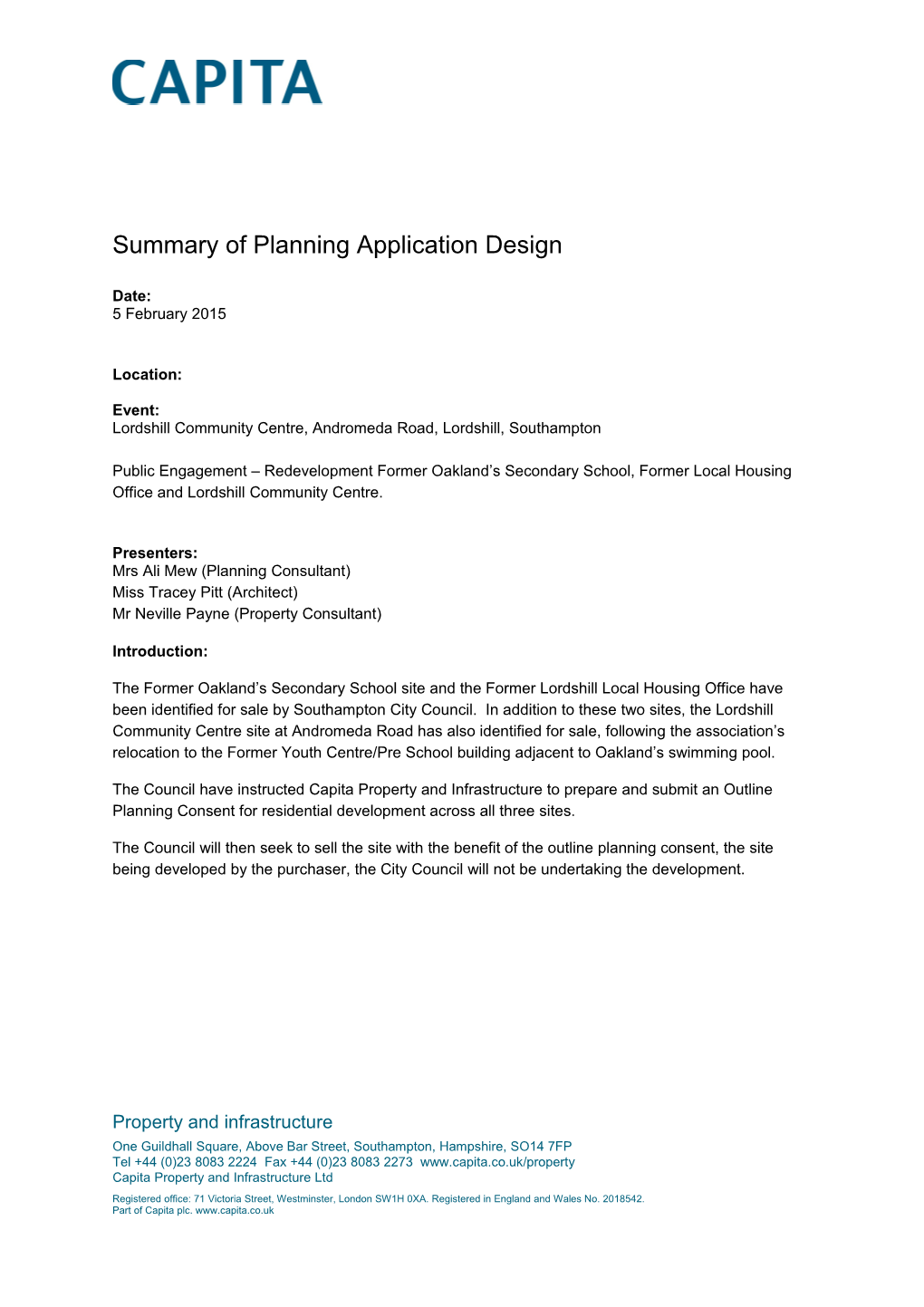 Redevelopment in Lordshill Summary of Planning Application