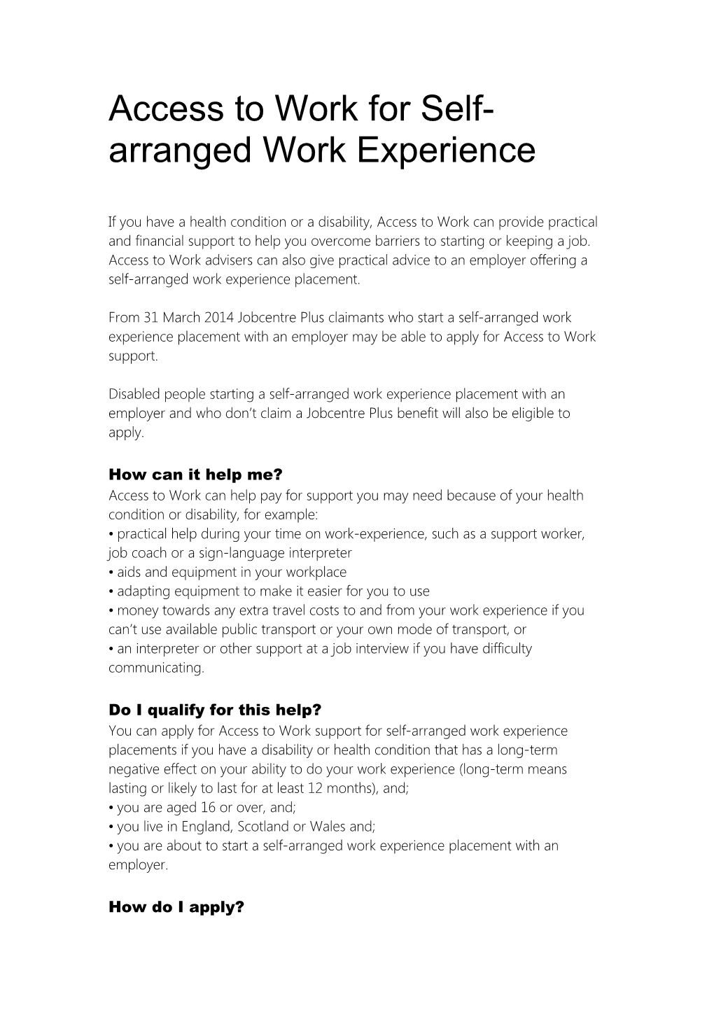 Access to Work for Work Experience