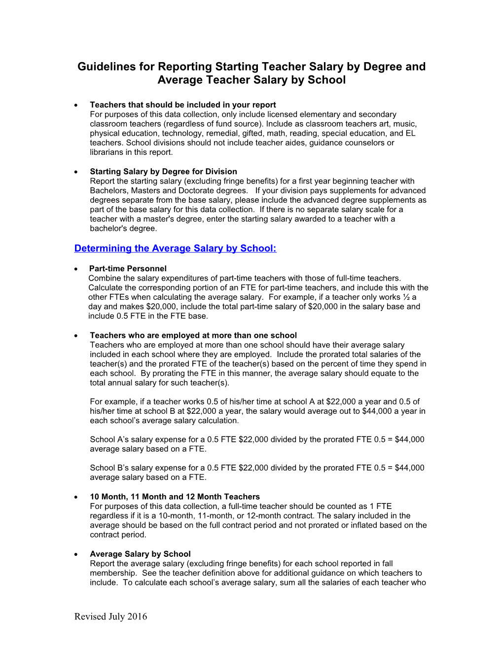 Guidelines for Reporting Starting Teacher Salary by Degree and Average Teacher Salary by School