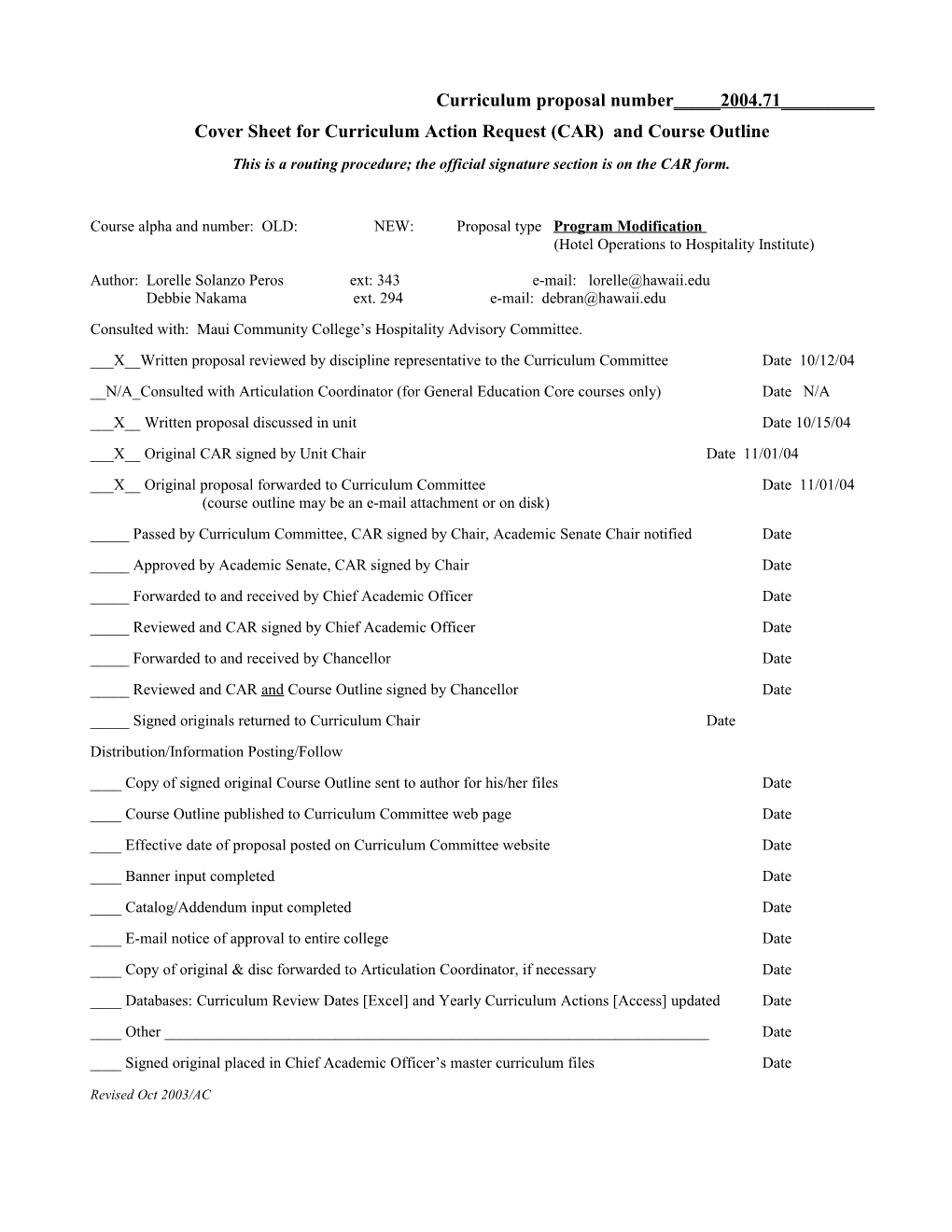 Curriculum Action Request (CAR) (Form 4-93) - Maui Community College s1
