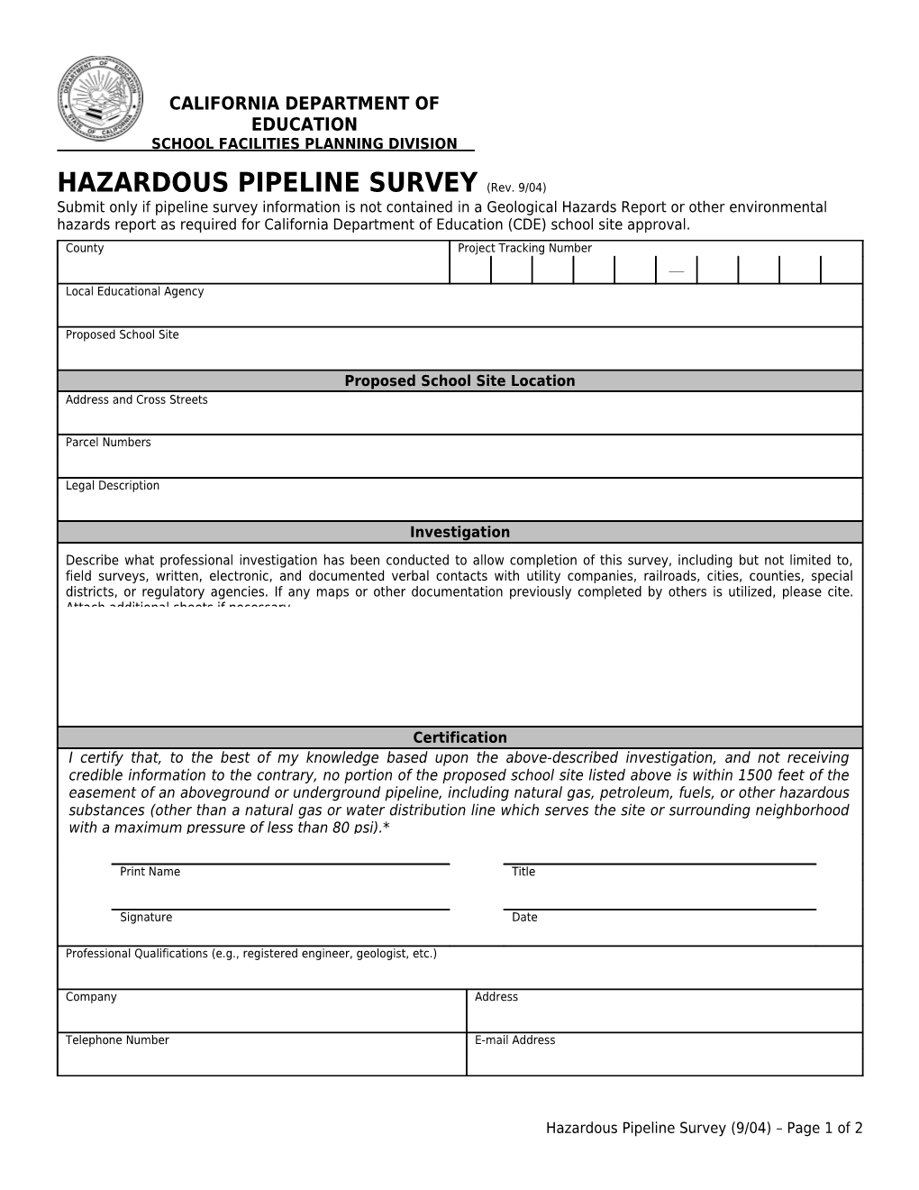 Hazardous Pipeline Survey - School Facility (CA Dept of Education)