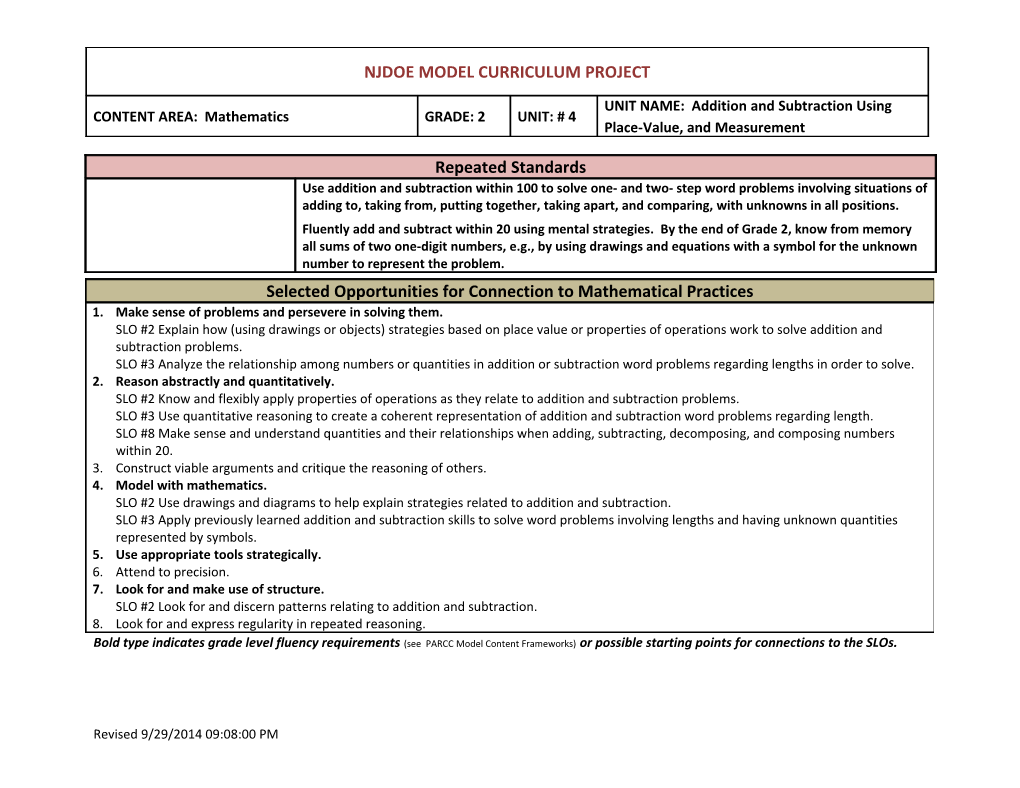 Bold Type Indicates Grade Level Fluency Requirements (See PARCC Model Content Frameworks)