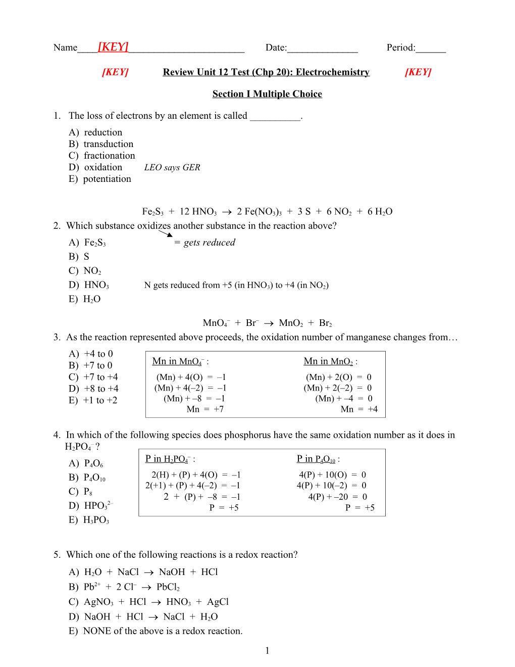 KEY Review Unit 12 Test (Chp 20): Electrochemistry KEY