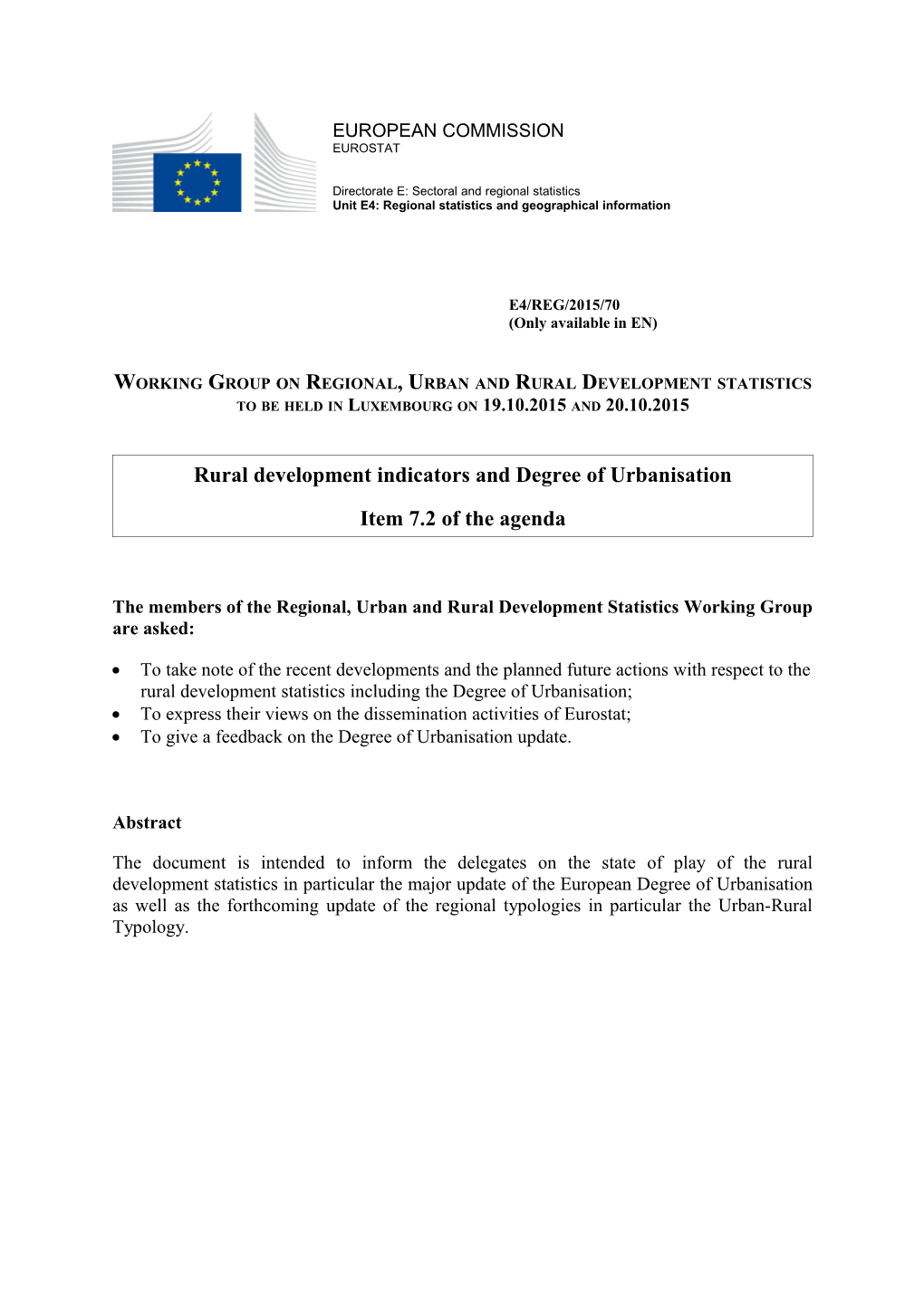 Rural Development Indicators and Degree of Urbanisation