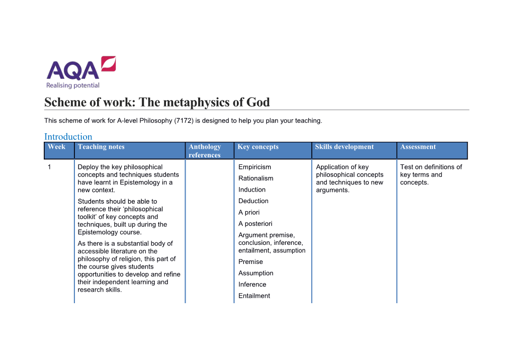 Scheme of Work: the Metaphysics of God