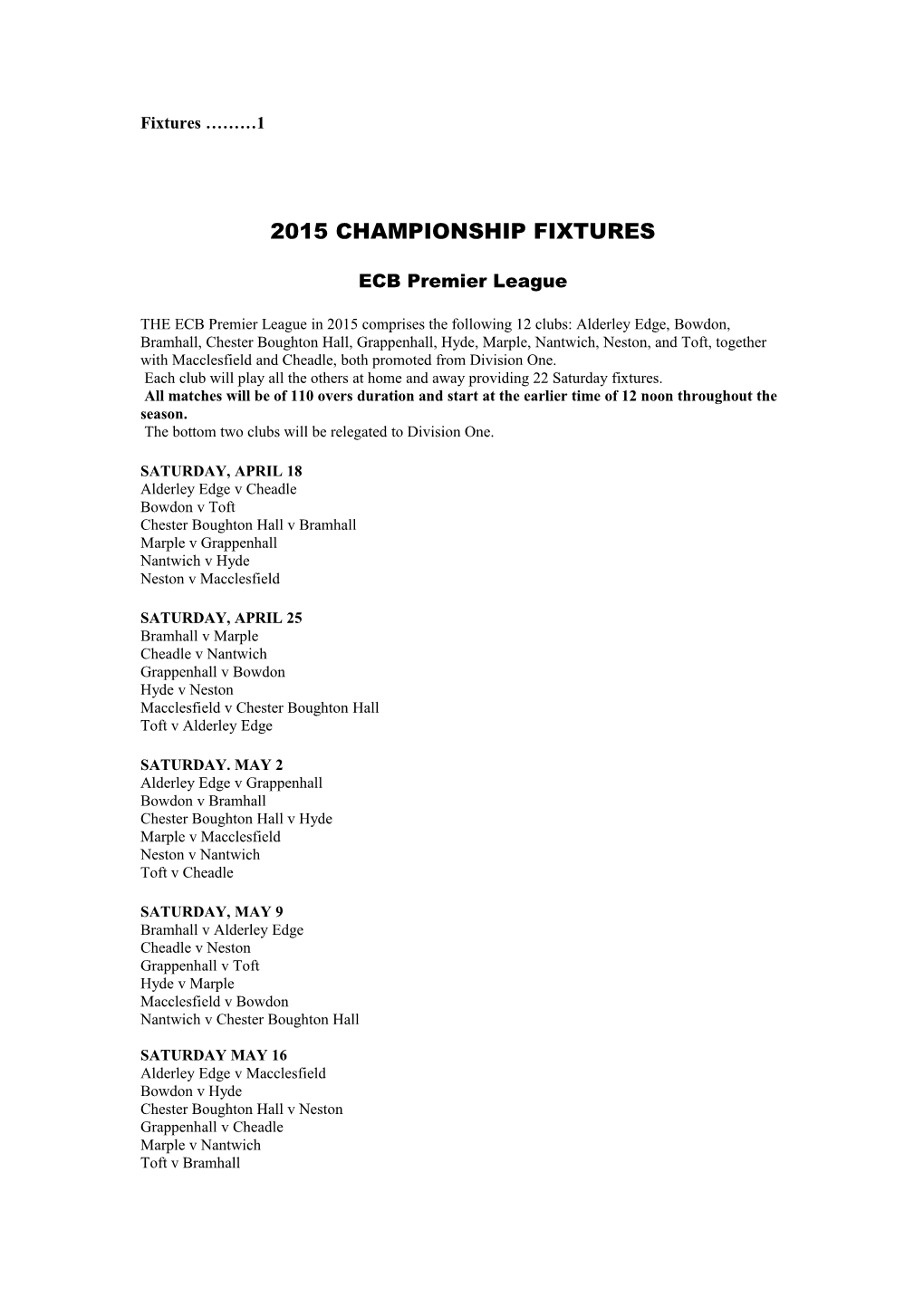 2015 Championship Fixtures
