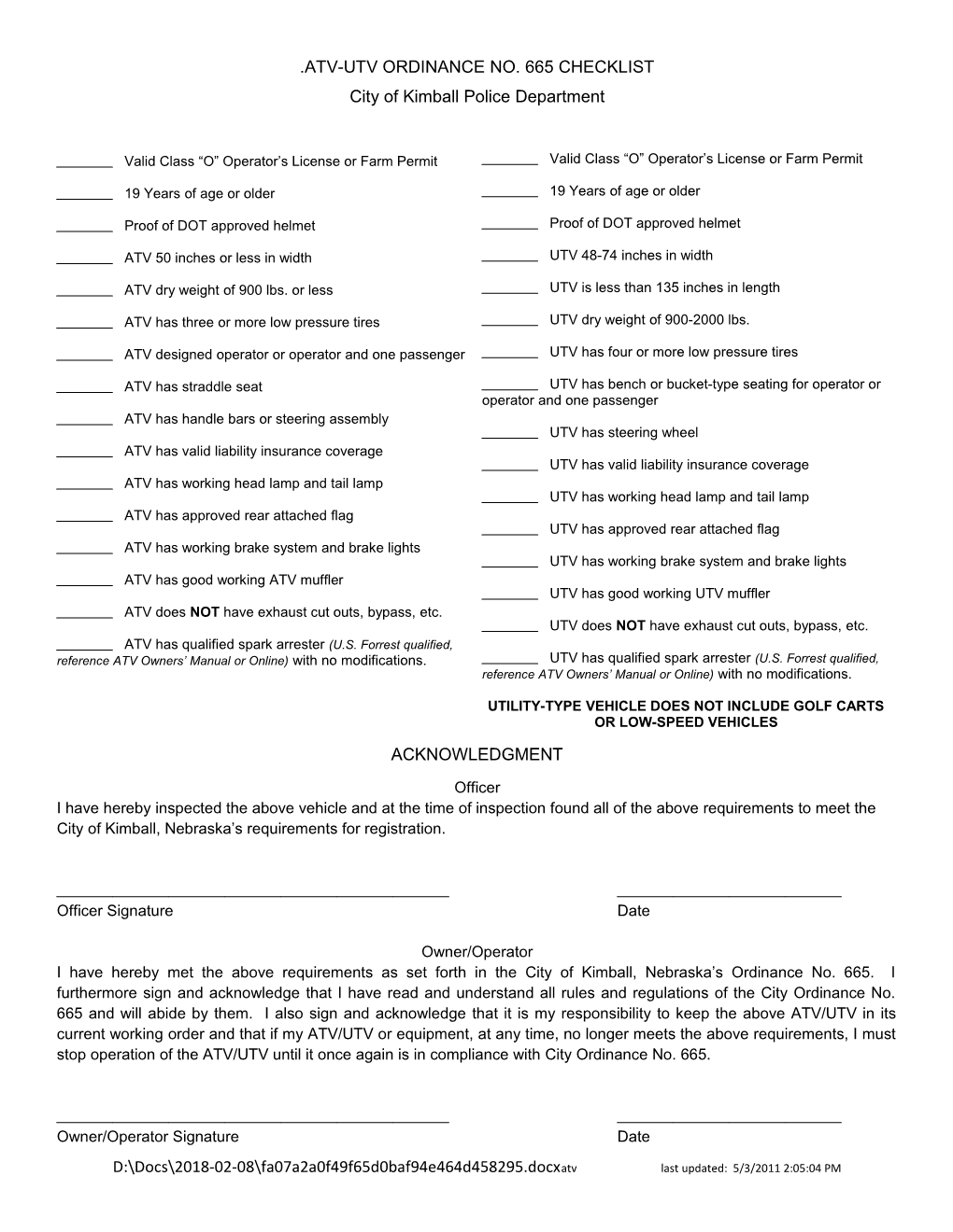 Atv-Utv Ordinance No. 665 Checklist