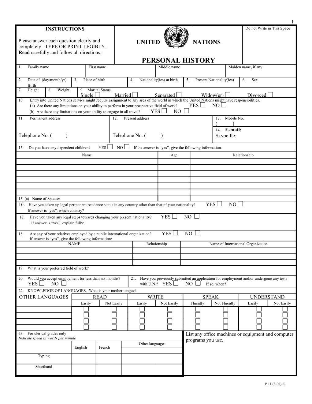 UN Personal History Form PHP P11