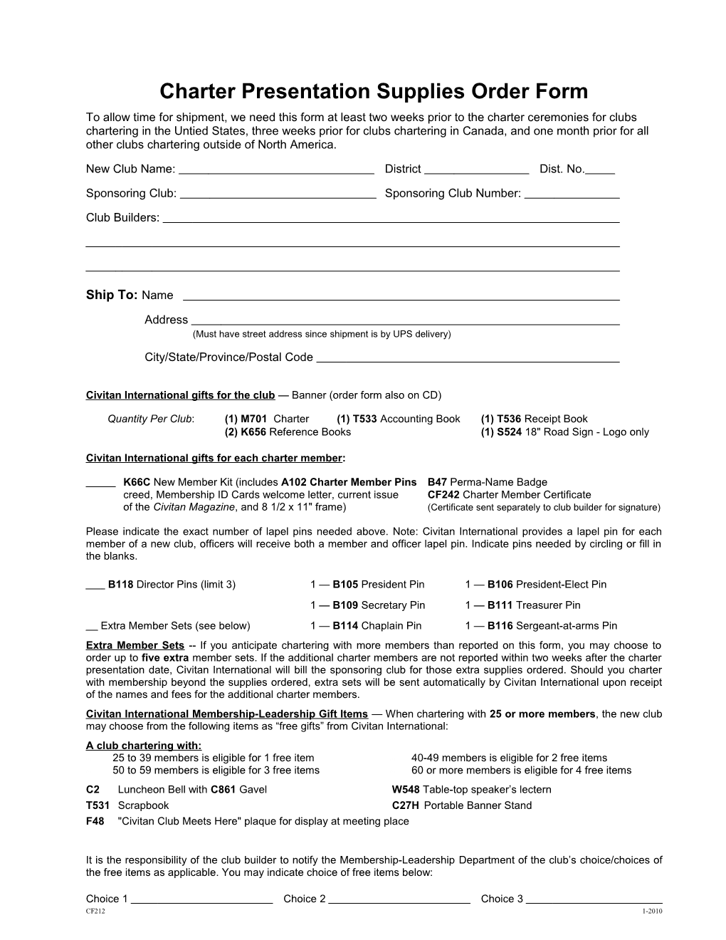 Charter Presentation Supplies Order Form